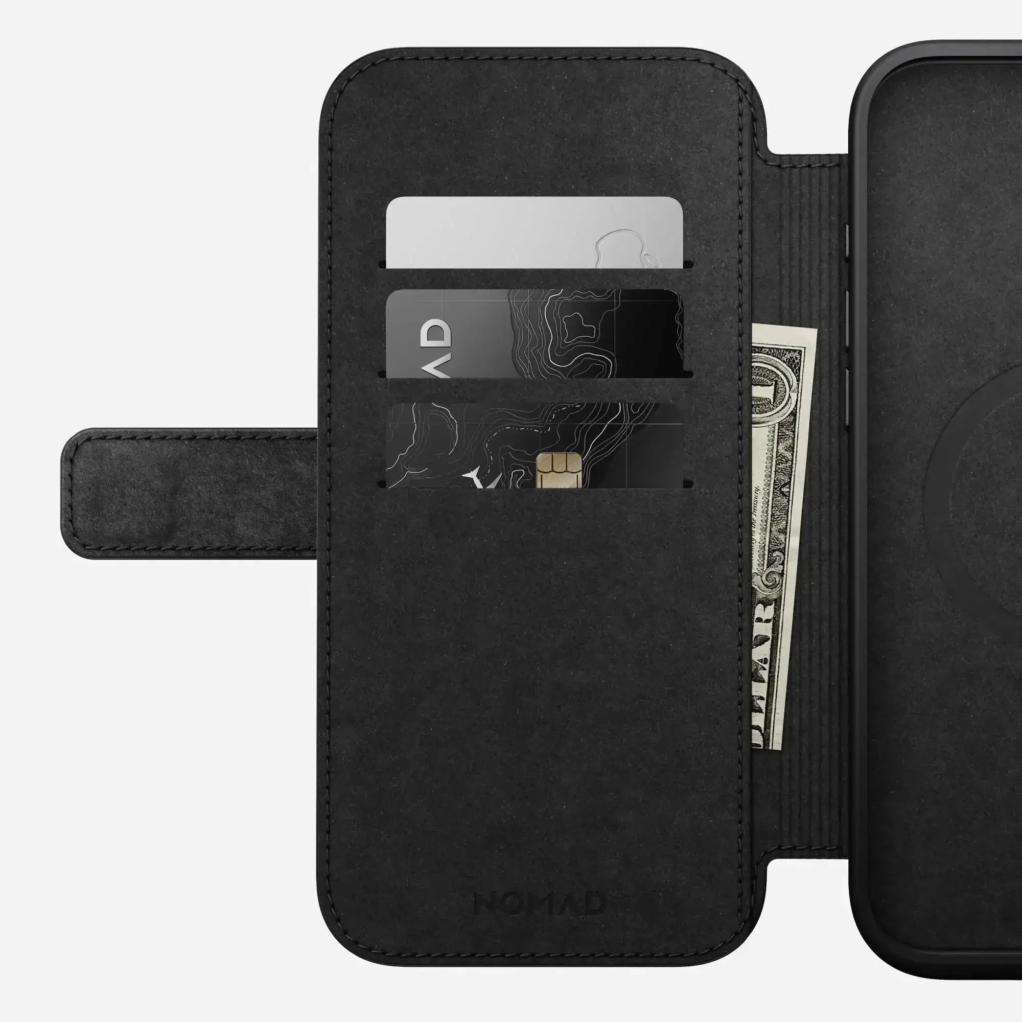 Czarny etui na iPhone z kieszonkami na karty i banknot, akcesoria do biura