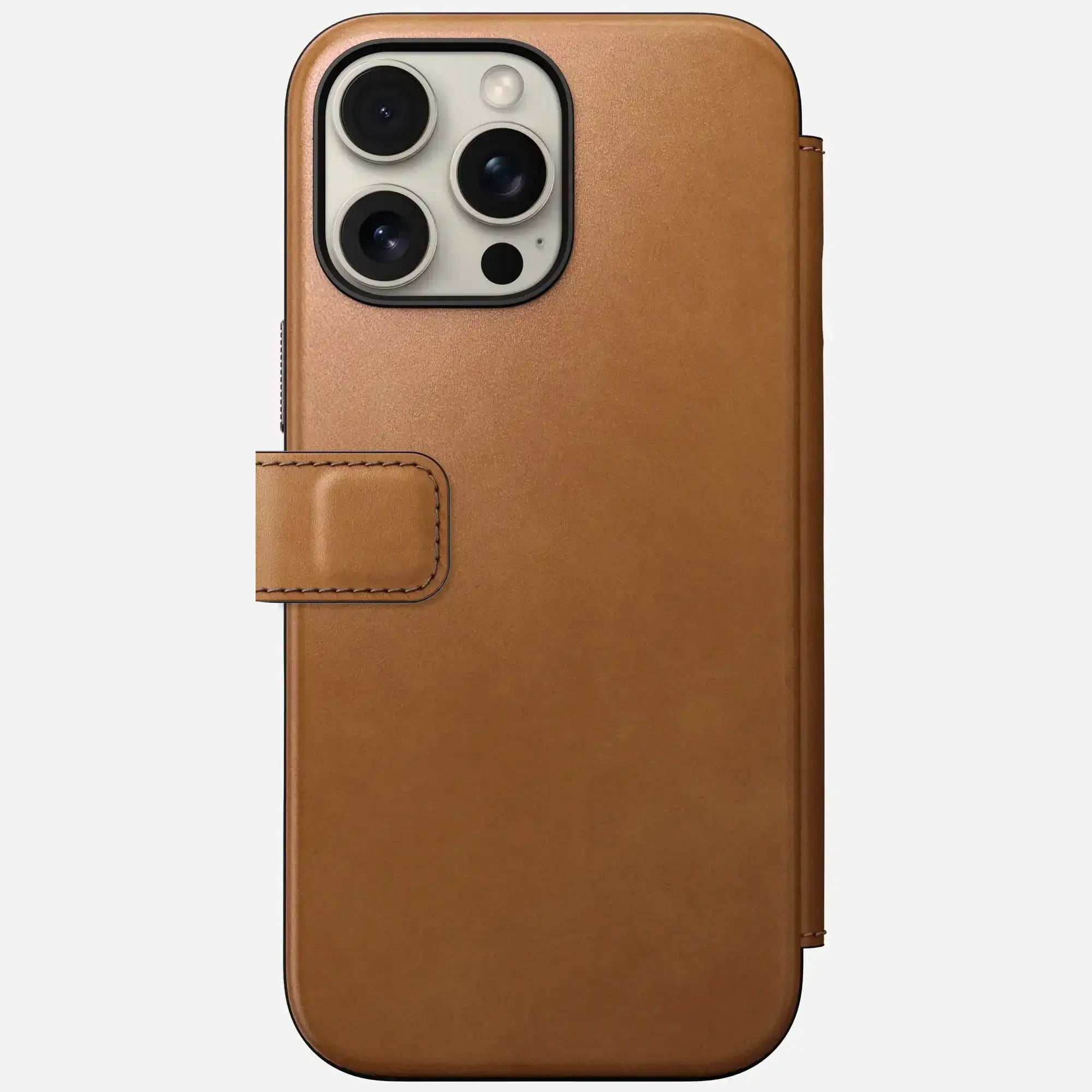 iPhone 16 Pro Max w brązowym etui skórzanym, akcesorium ochronne do smartfona