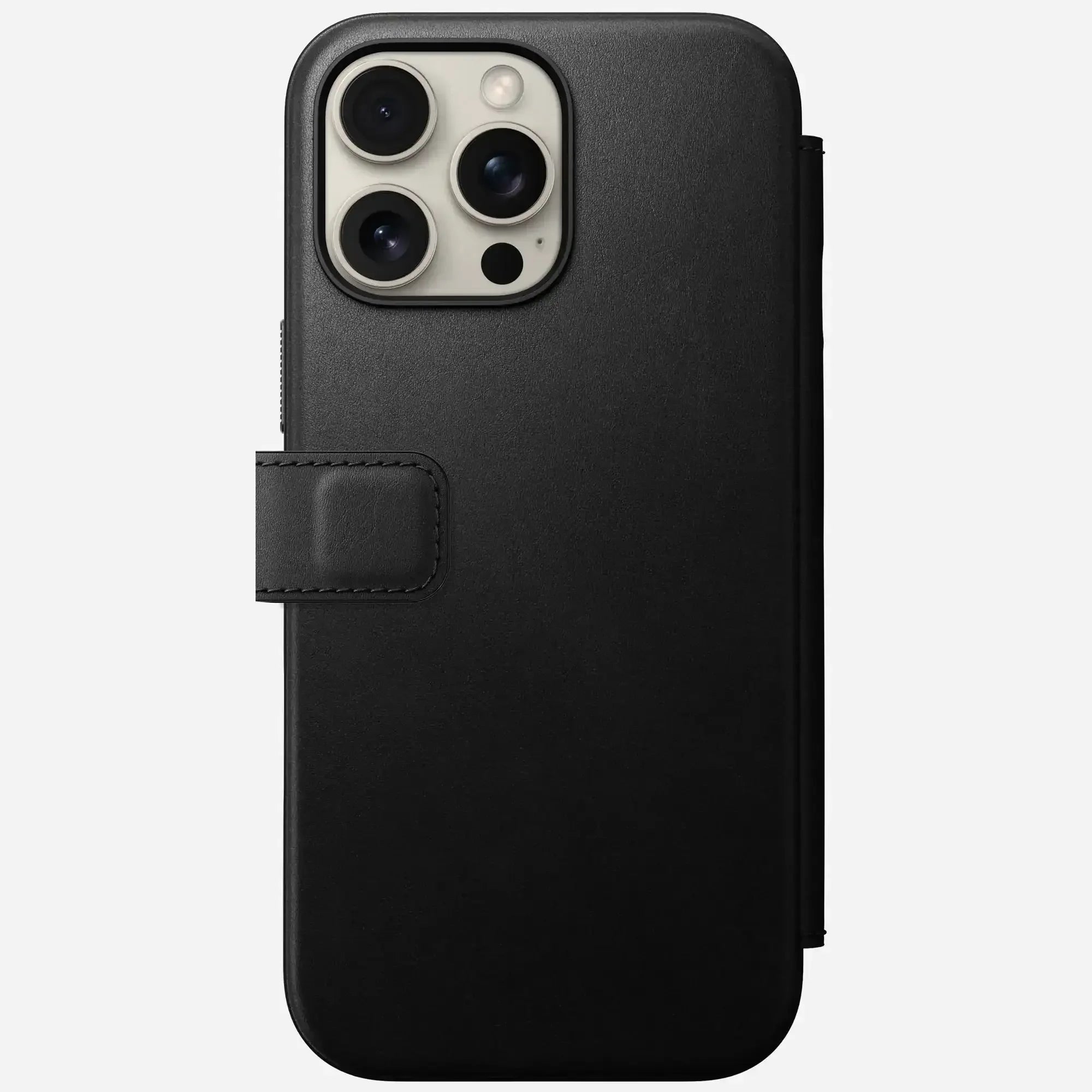 Czarny etui na iPhone 16 Pro Max z klapką, widok na aparat, minimalistyczny design