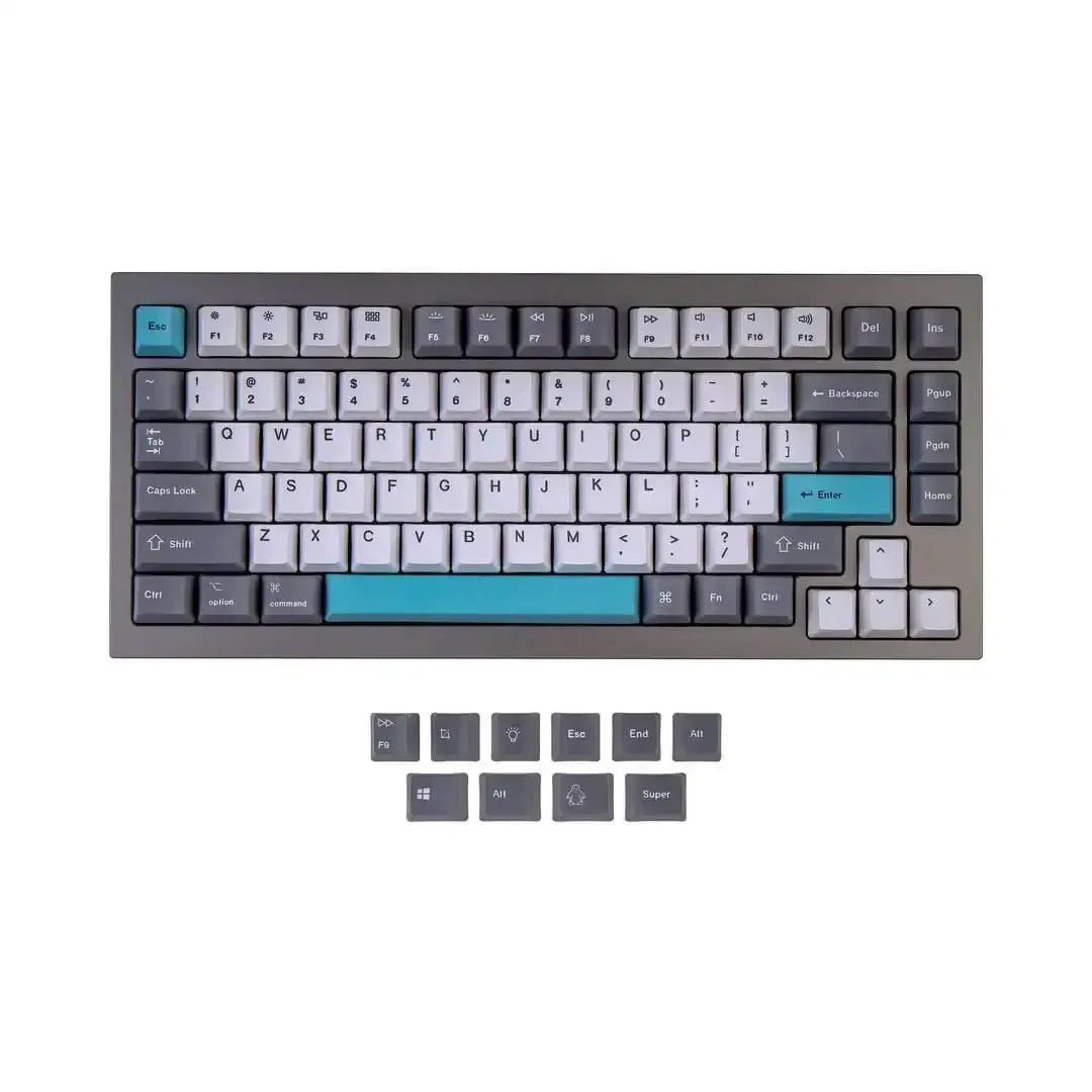 Klawiatura mechaniczna z nakładkami PBT, szare i turkusowe keycapy, ustawiona na białym tle