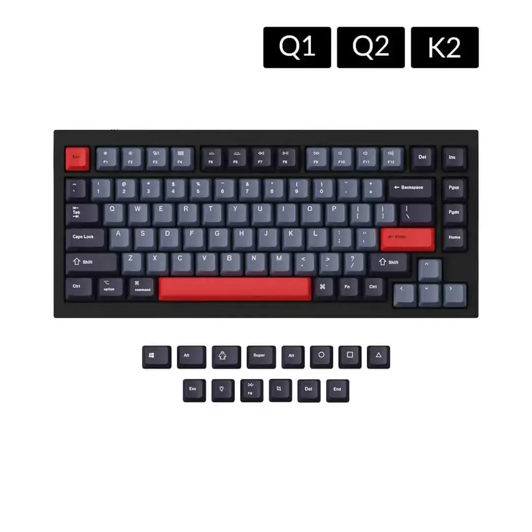 Szare i czerwone keycapy PBT OEM do klawiatur Q1, Q2, K2, układ ANSI, wymienne nasadki klawiszy.