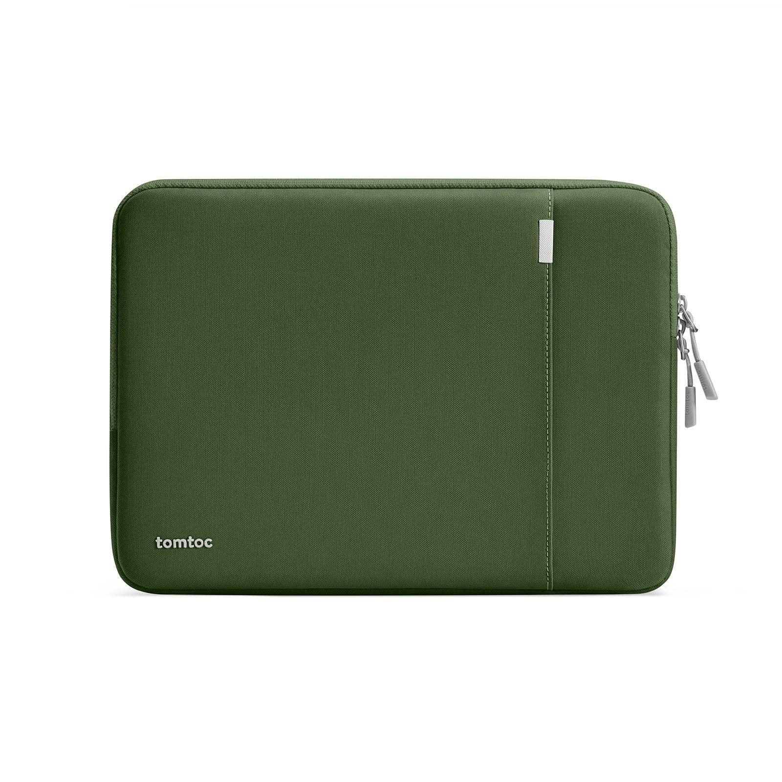 Zielone etui na laptopa z suwakiem, minimalistyczny design, akcesorium biurowe.