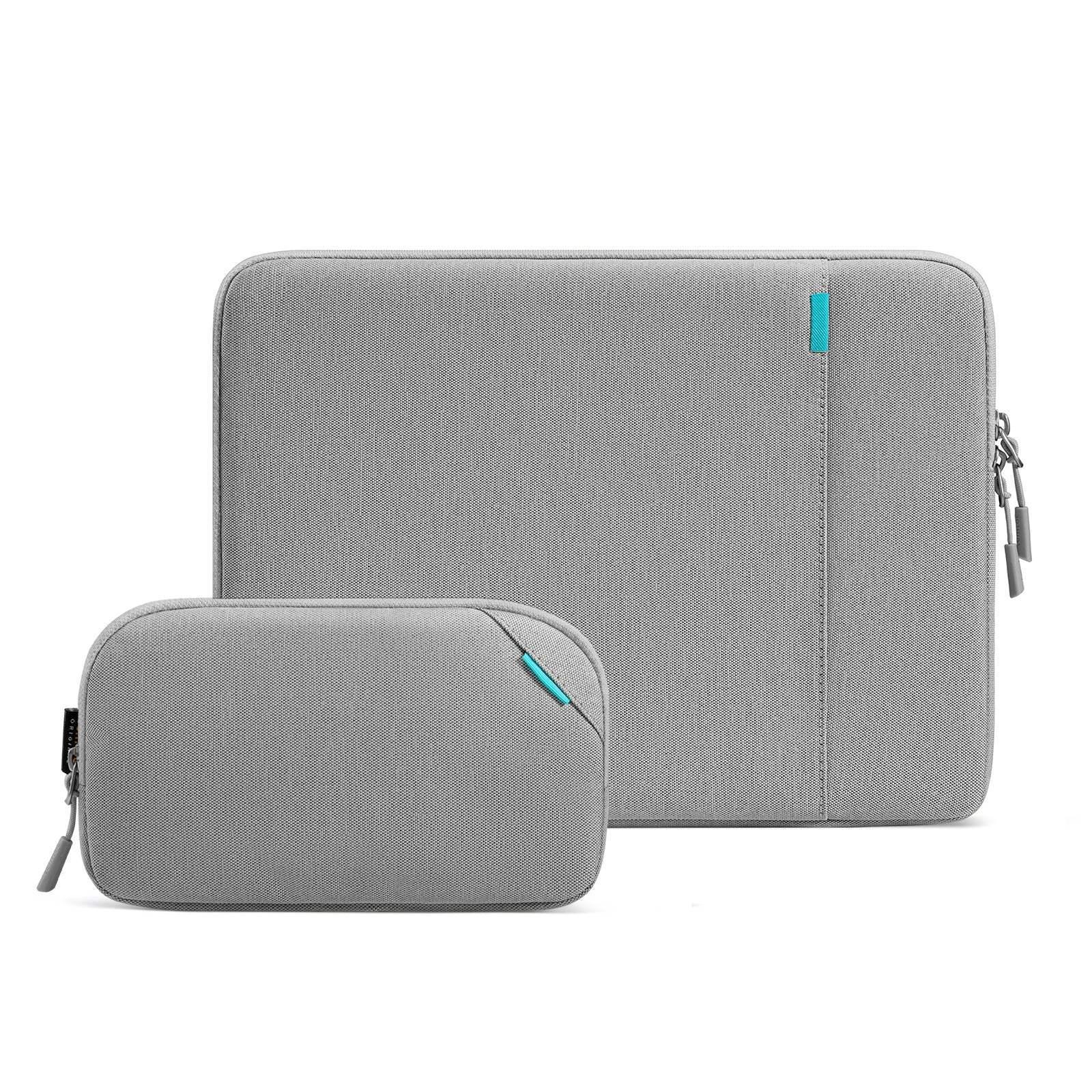 Szare etui na laptopa i organizer na akcesoria biurowe, minimalistyczny design.