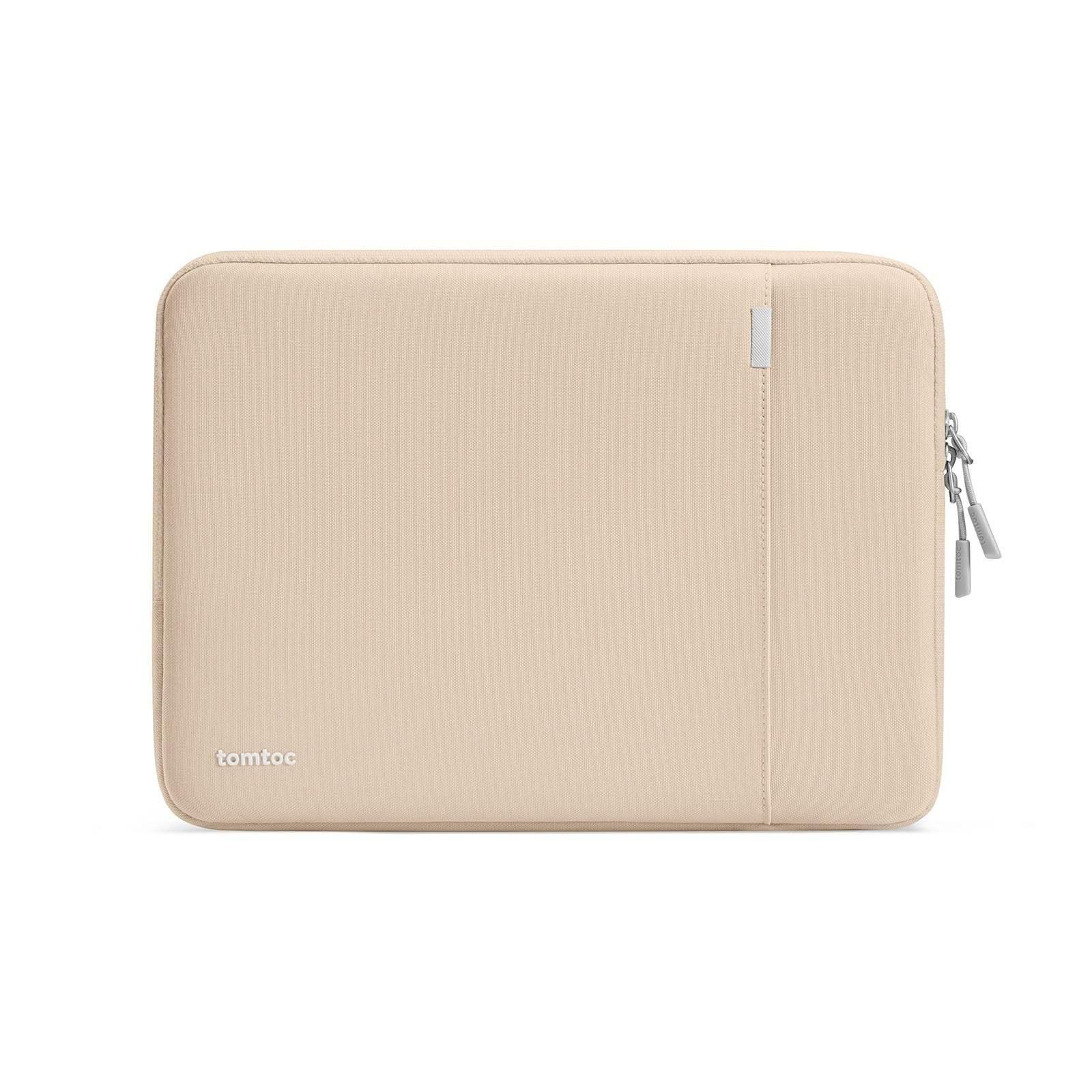 Beżowe etui na laptopa z zamkiem błyskawicznym, minimalistyczny design, akcesoria biurowe