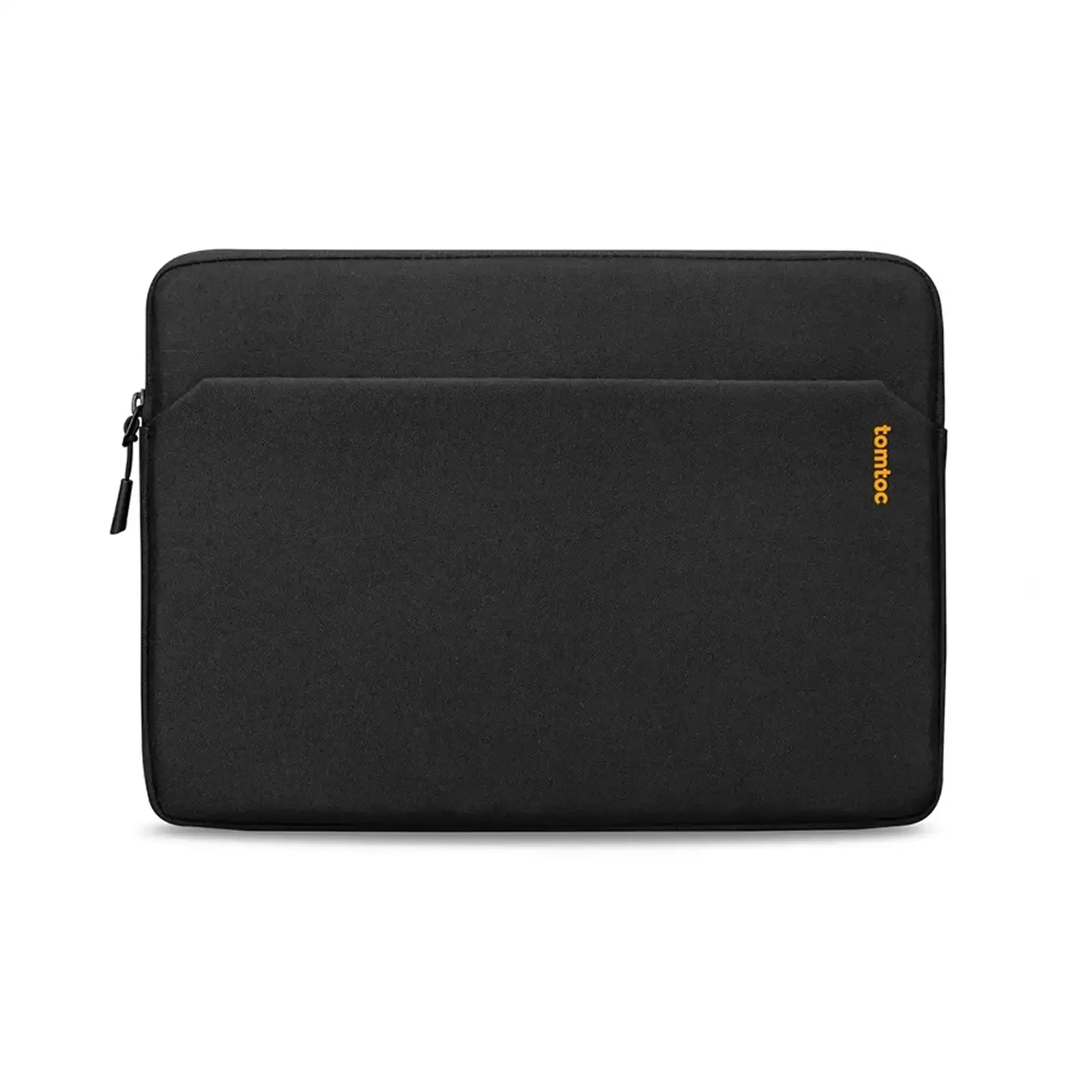 Czarna torba na laptopa, etui z kieszenią na akcesoria biurowe, minimalistyczny design.