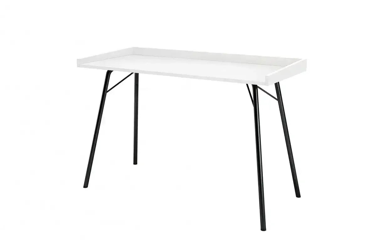 Biały biurko z czarnymi metalowymi nogami, minimalistyczny design, idealne do home office.