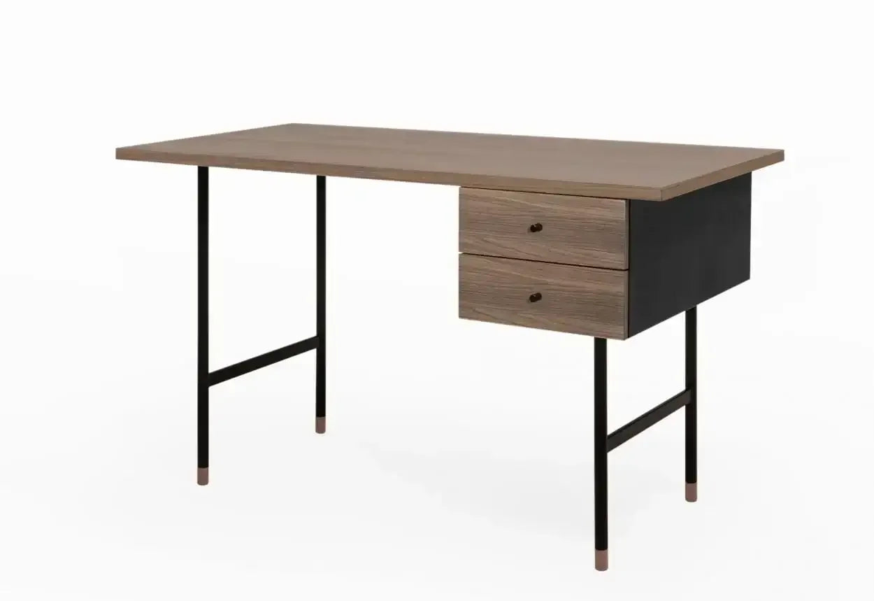Biurko do home office, minimalistyczne, drewniany blat, metalowe nogi, dwie szuflady