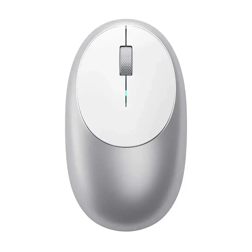 Srebrna bezprzewodowa mysz komputerowa, minimalistyczny design, akcesoria biurowe
