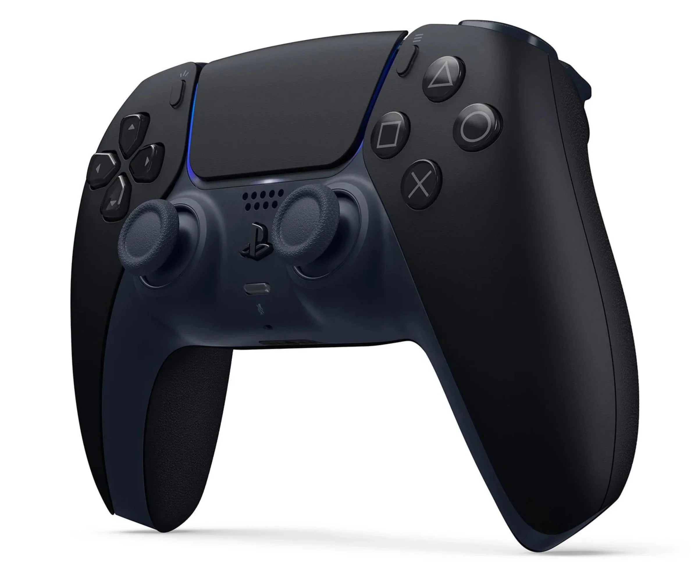 Czarny kontroler PlayStation 5 z niebieskim podświetleniem, idealny do gier i rozrywki w domu