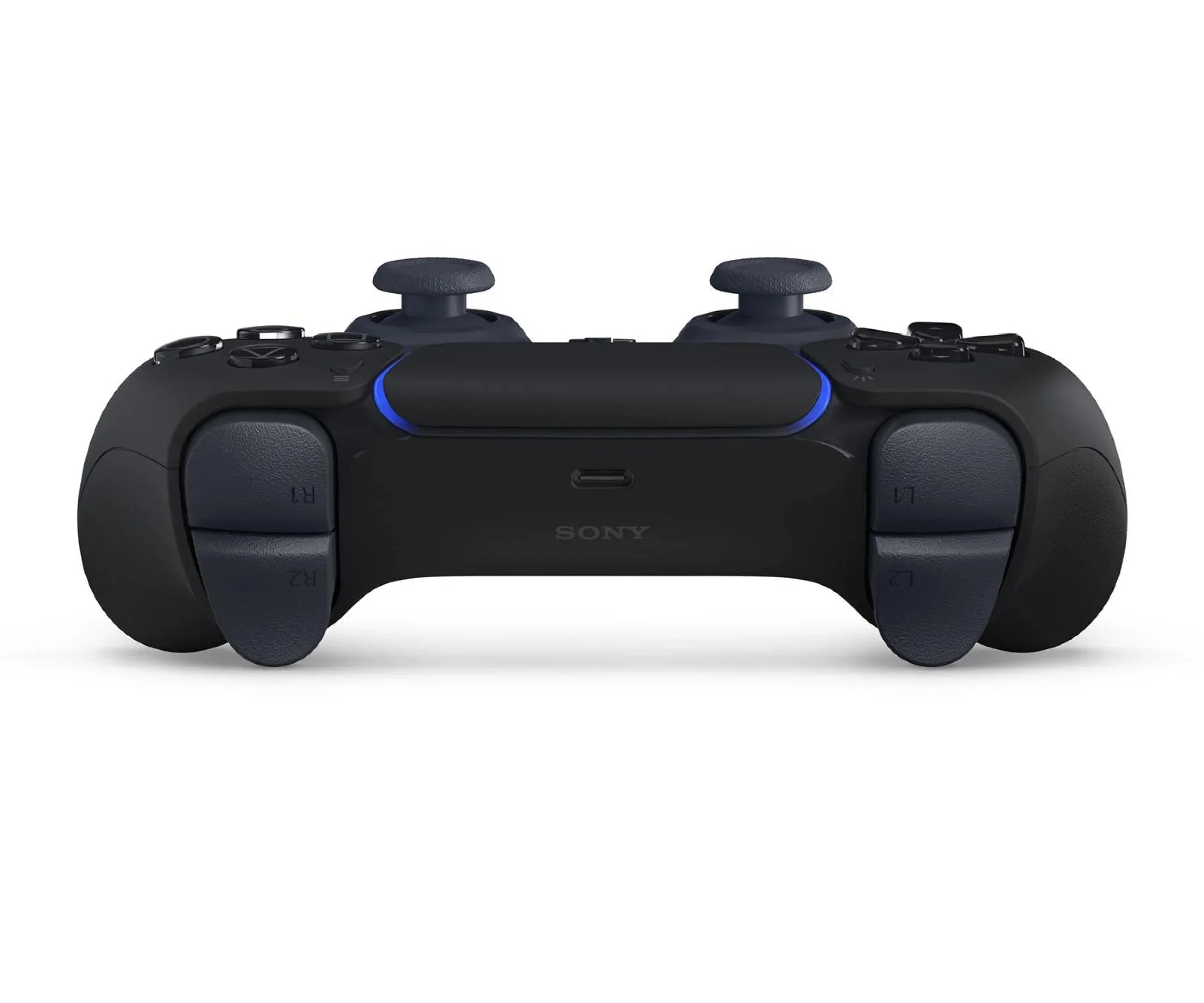 Czarny kontroler gier Sony z niebieskim podświetleniem, idealny do komfortowej rozgrywki