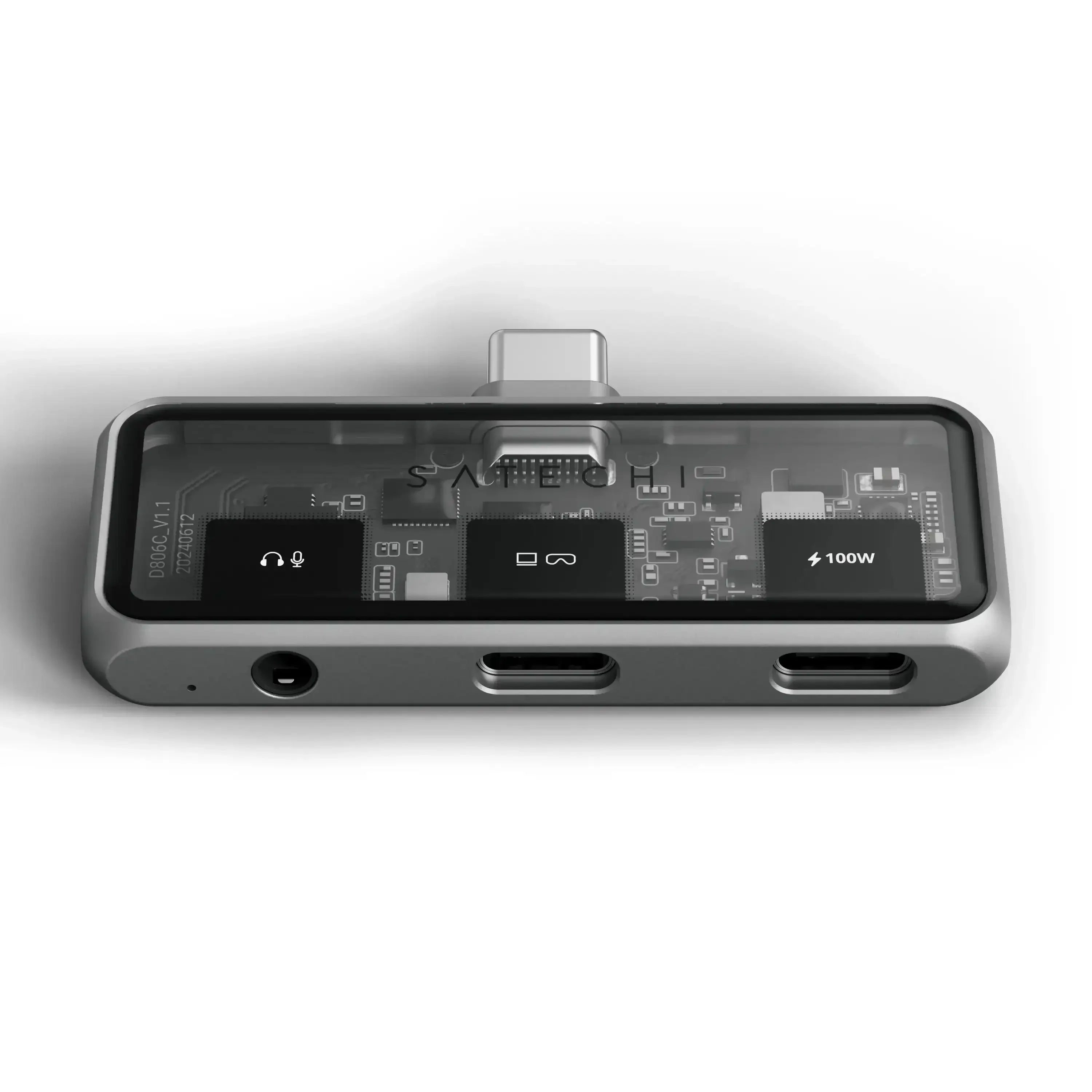 Przejściówka USB-C z przezroczystą obudową, portami audio i dwoma portami USB-C
