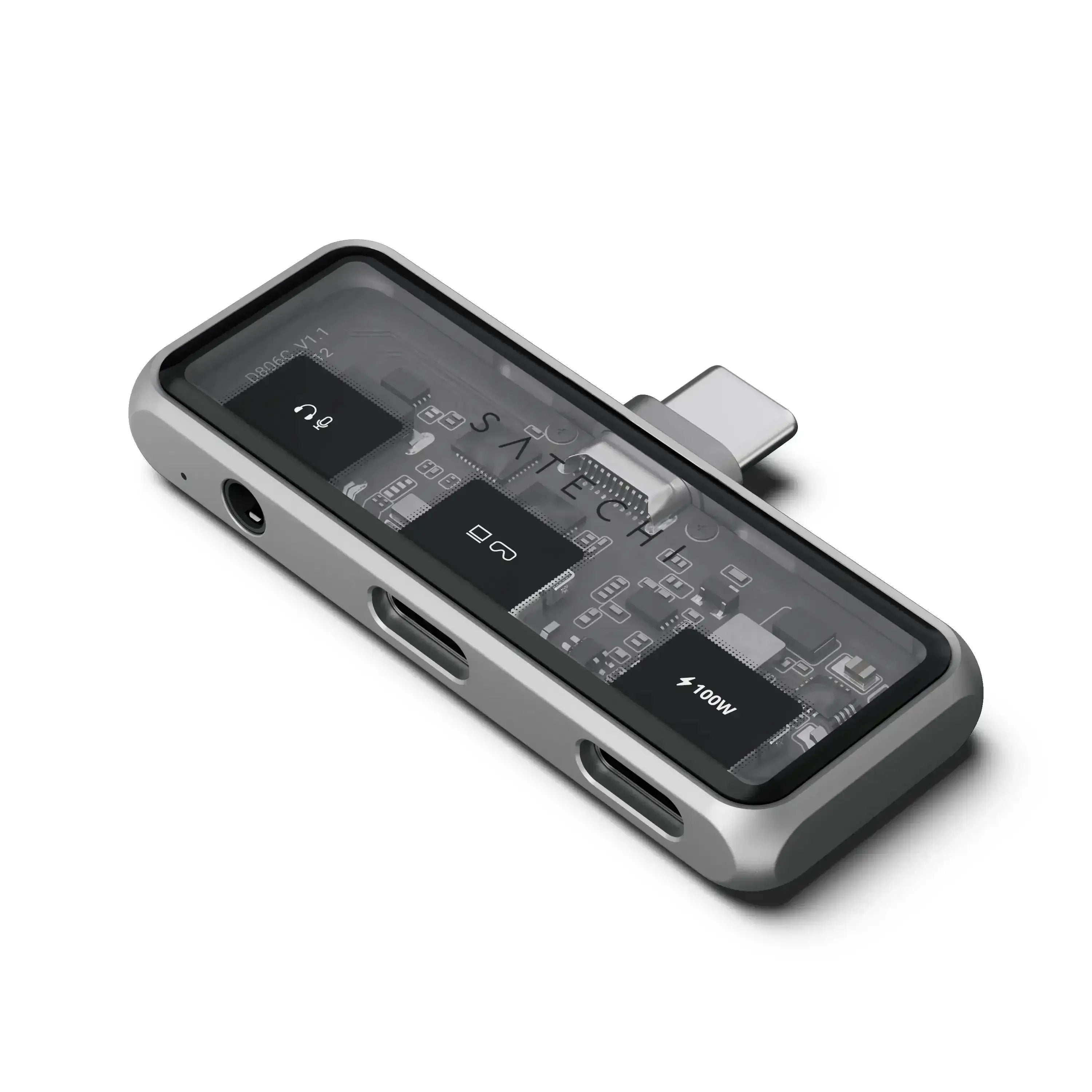 Kompaktowy hub USB-C z wyjściem audio, portami i przezroczystą obudową na biurko