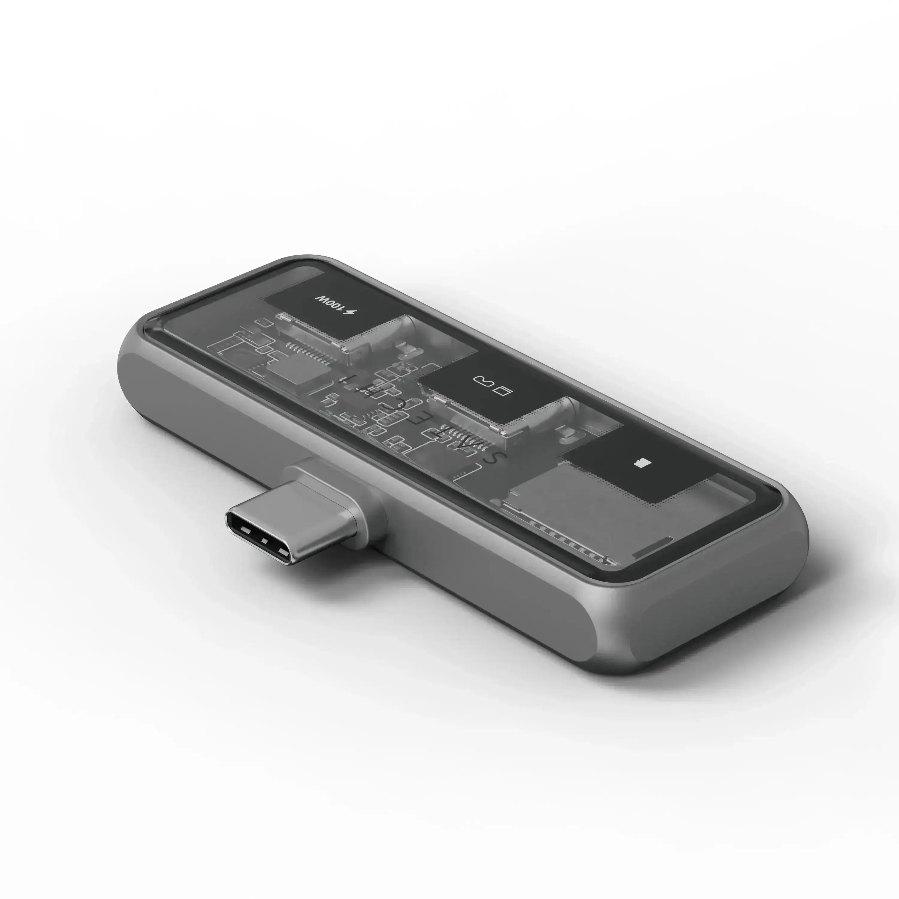 Nowoczesny hub USB-C z czytnikiem kart microSD do biura, widok z przezroczystą obudową