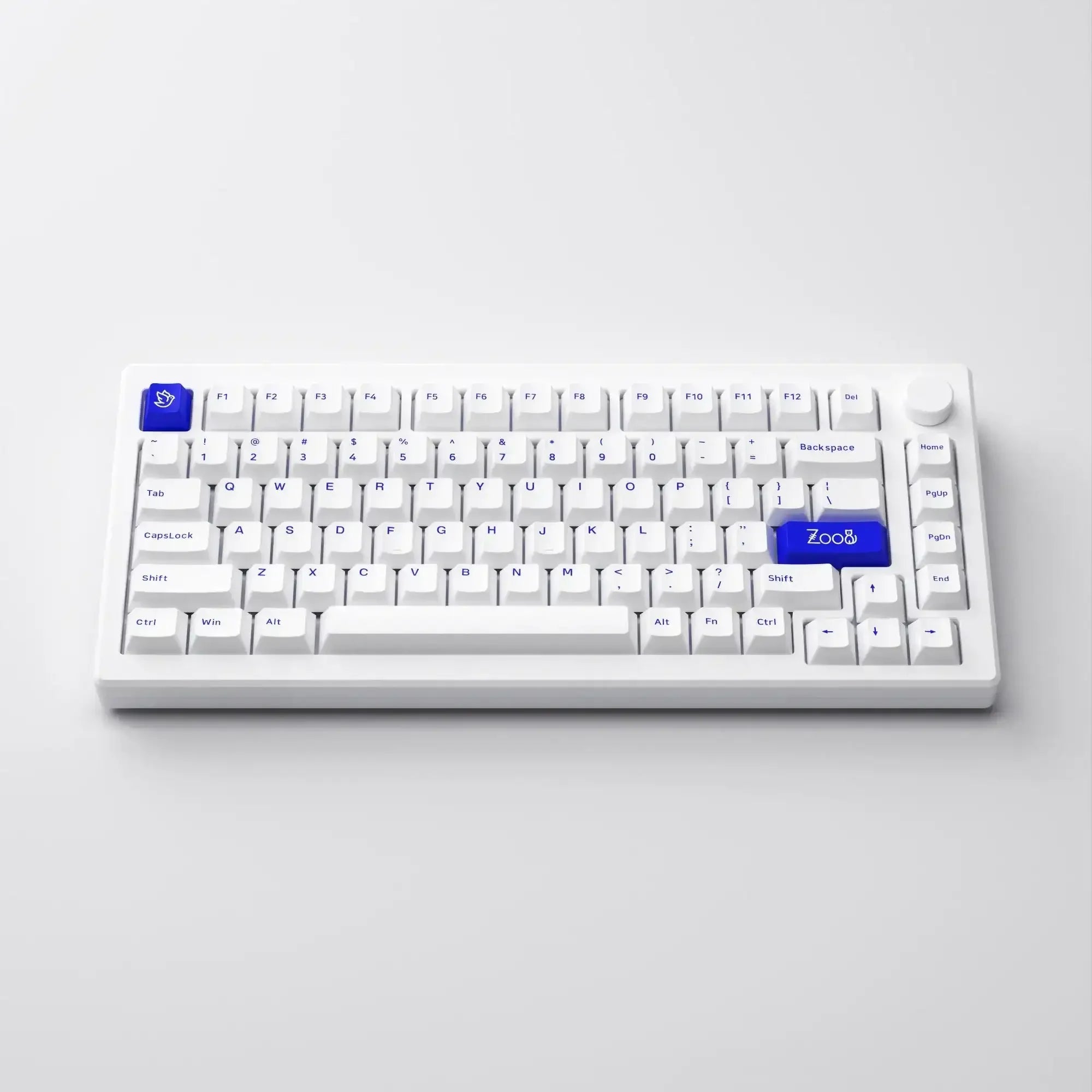 Biała klawiatura mechaniczna z niebieskimi keycapami, minimalistyczny design, idealna do biura