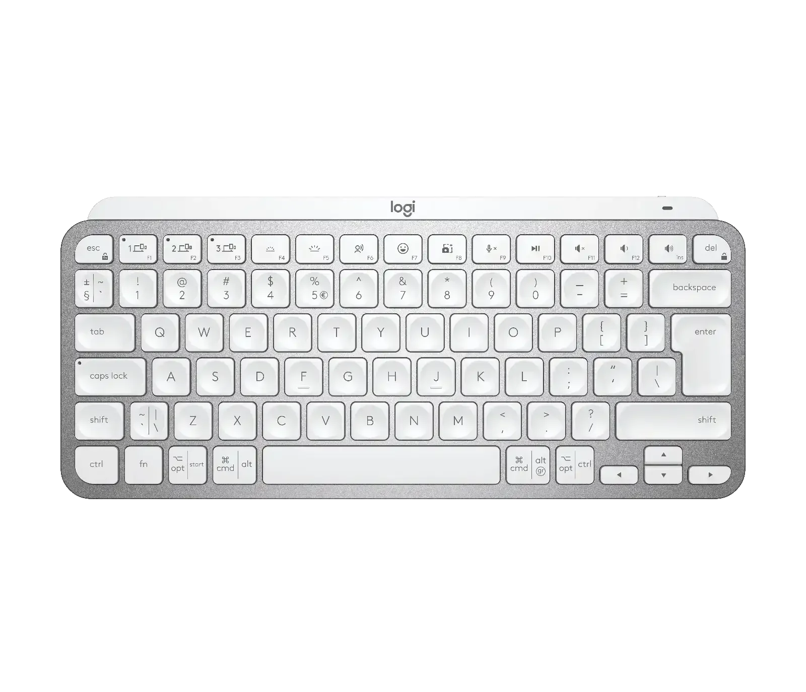 Kompaktowa klawiatura bezprzewodowa w kolorze jasnoszarym, nowoczesny design, keycapy podświetlane
