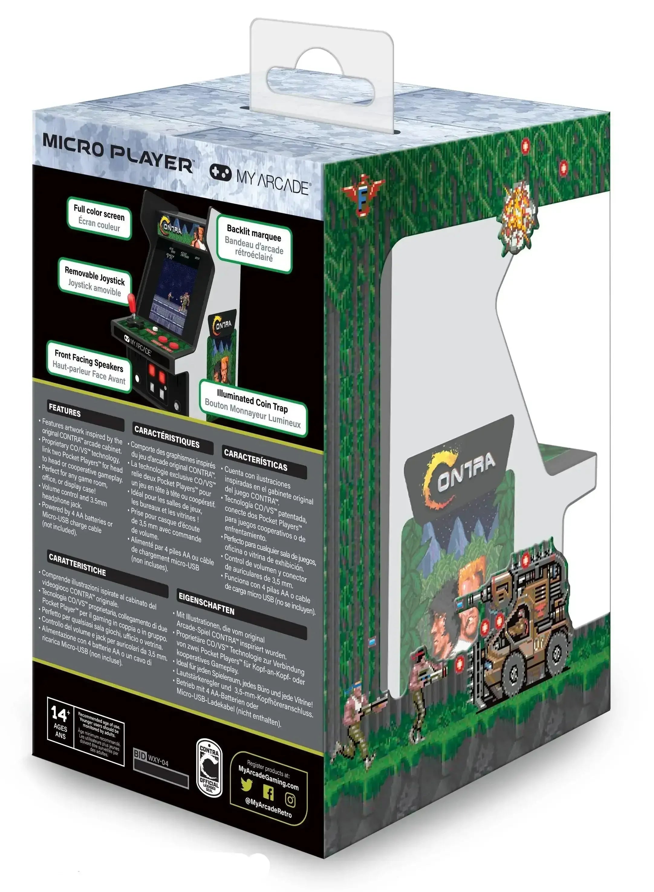 Opakowanie mini konsoli retro arcade Contra, kolorowy ekran, joystick i pikselowa grafika.