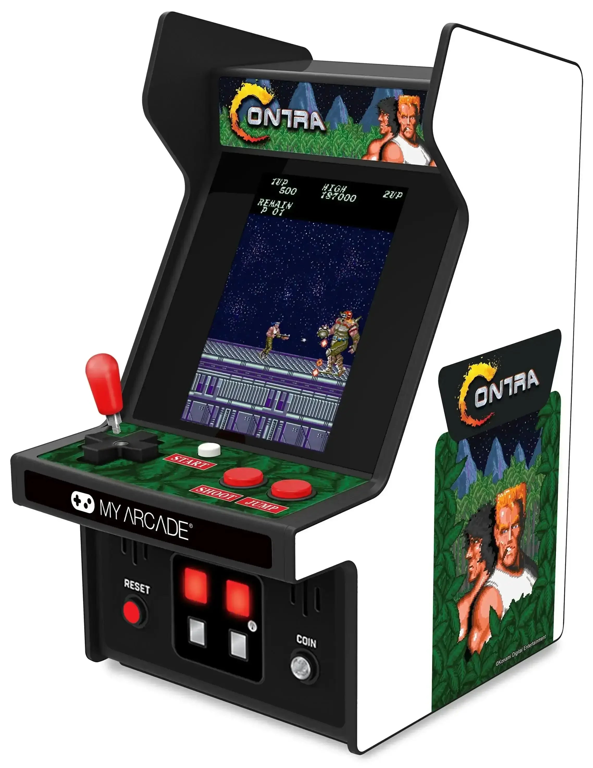 Mini automat arcade do gry Contra z kolorowym ekranem i joystickiem, retro konsola do gier