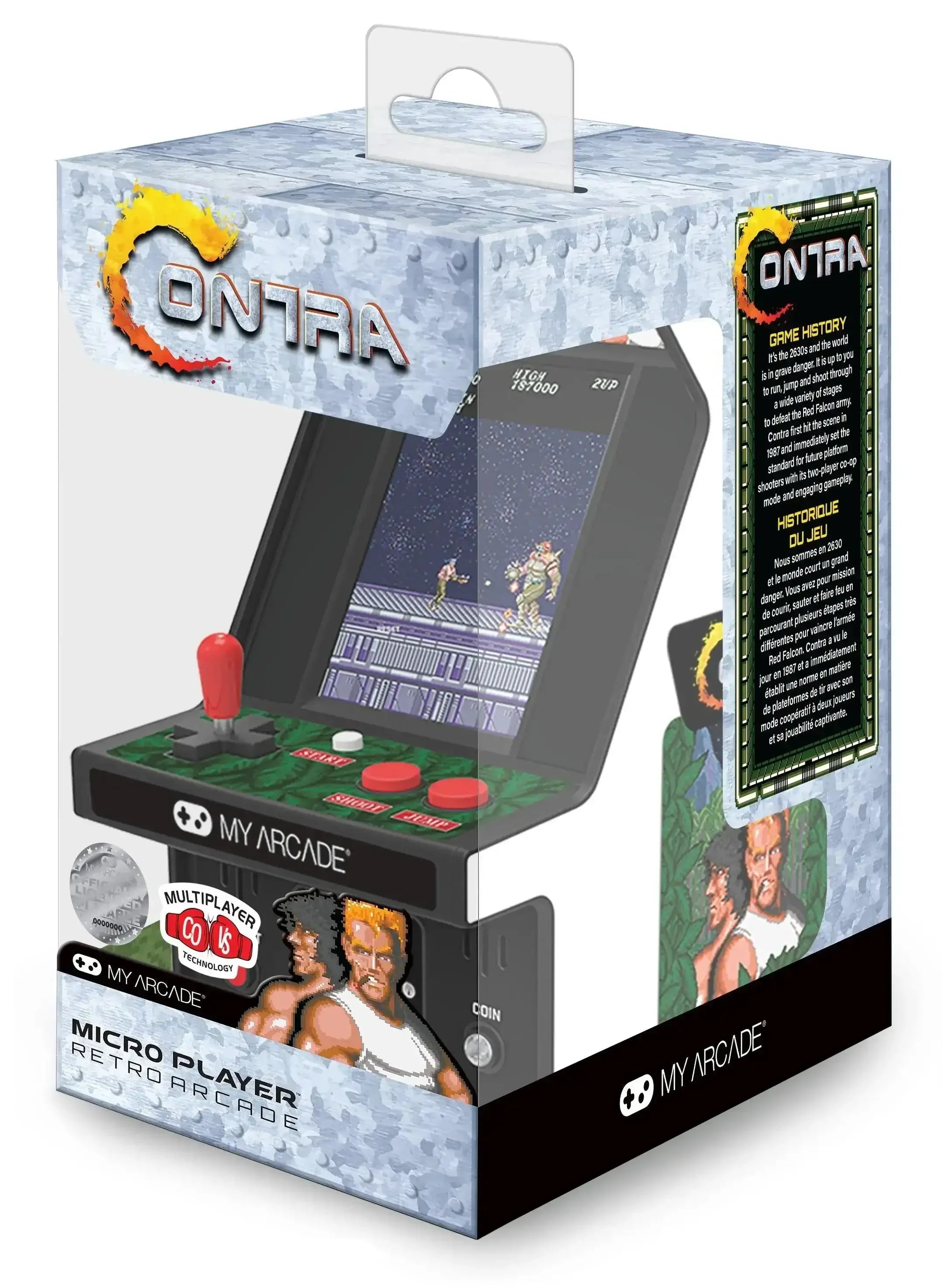 Miniaturowa konsola retro arcade Contra w opakowaniu, joystick i przyciski, ekran gry