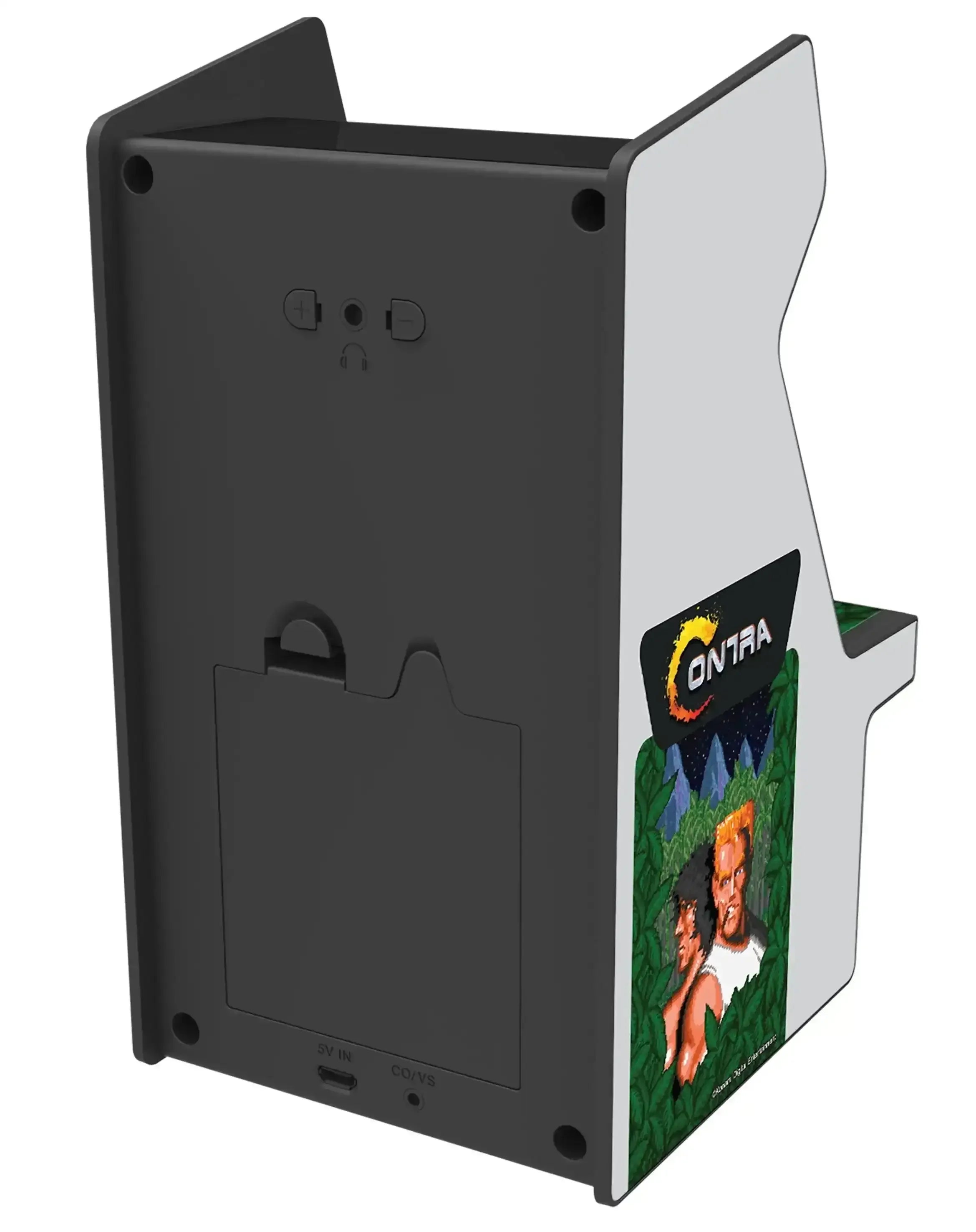 Tył konsoli retro arcade Contra, porty ładowania, kolorowa grafika z postaciami z gry.