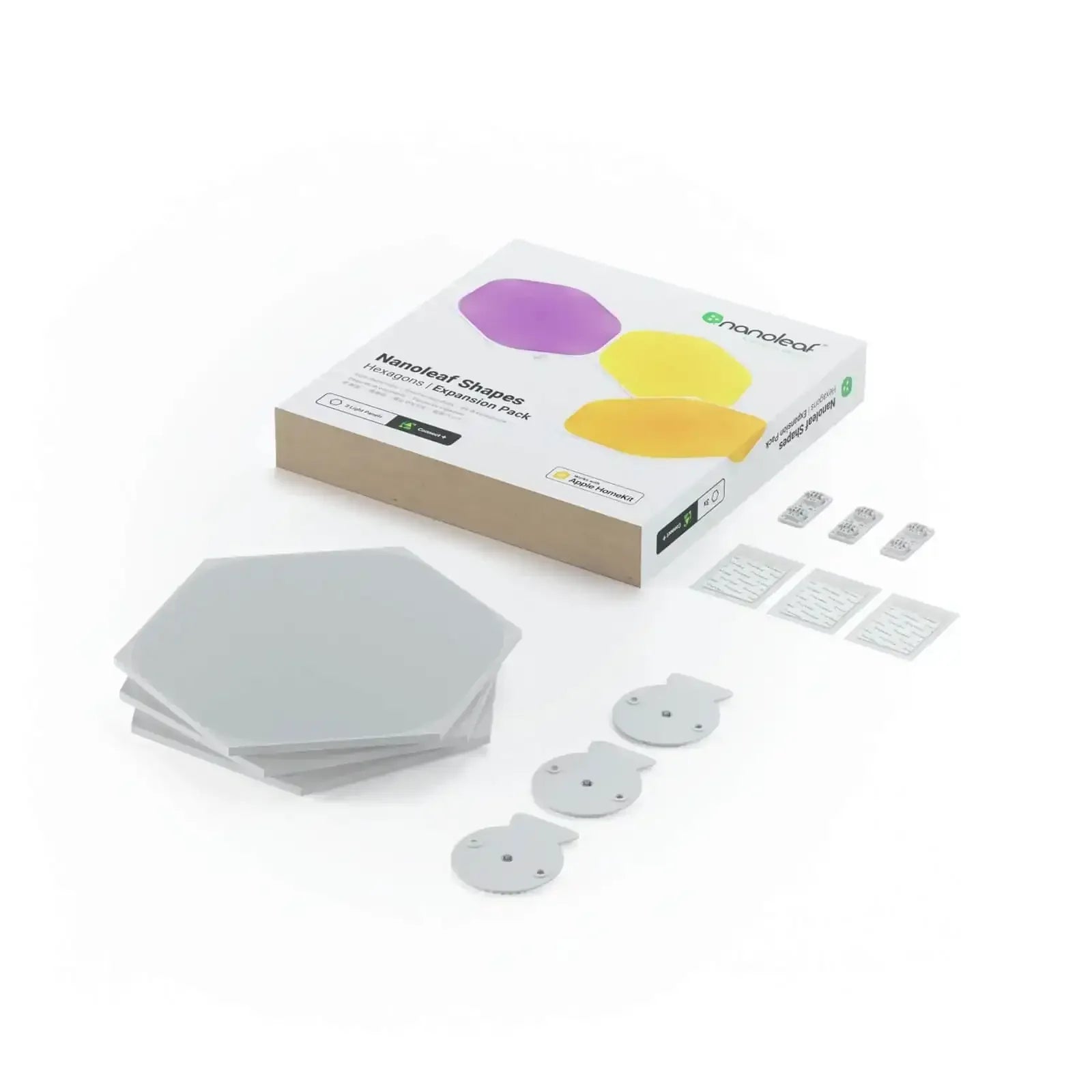 Zestaw paneli LED Nanoleaf hexagony, akcesoria montażowe, pudełko na białym tle