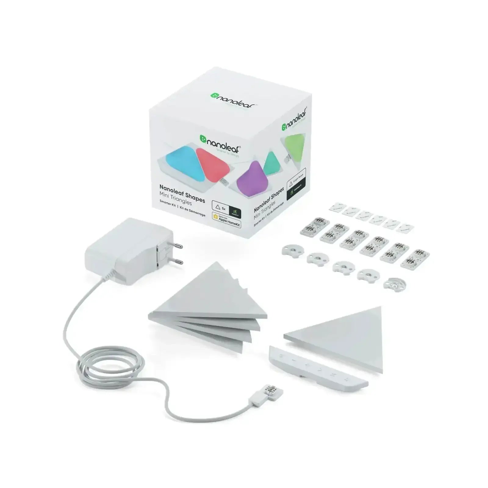 Zestaw Nanoleaf Shapes Mini Triangles, panele świetlne, elementy montażowe i zasilacz