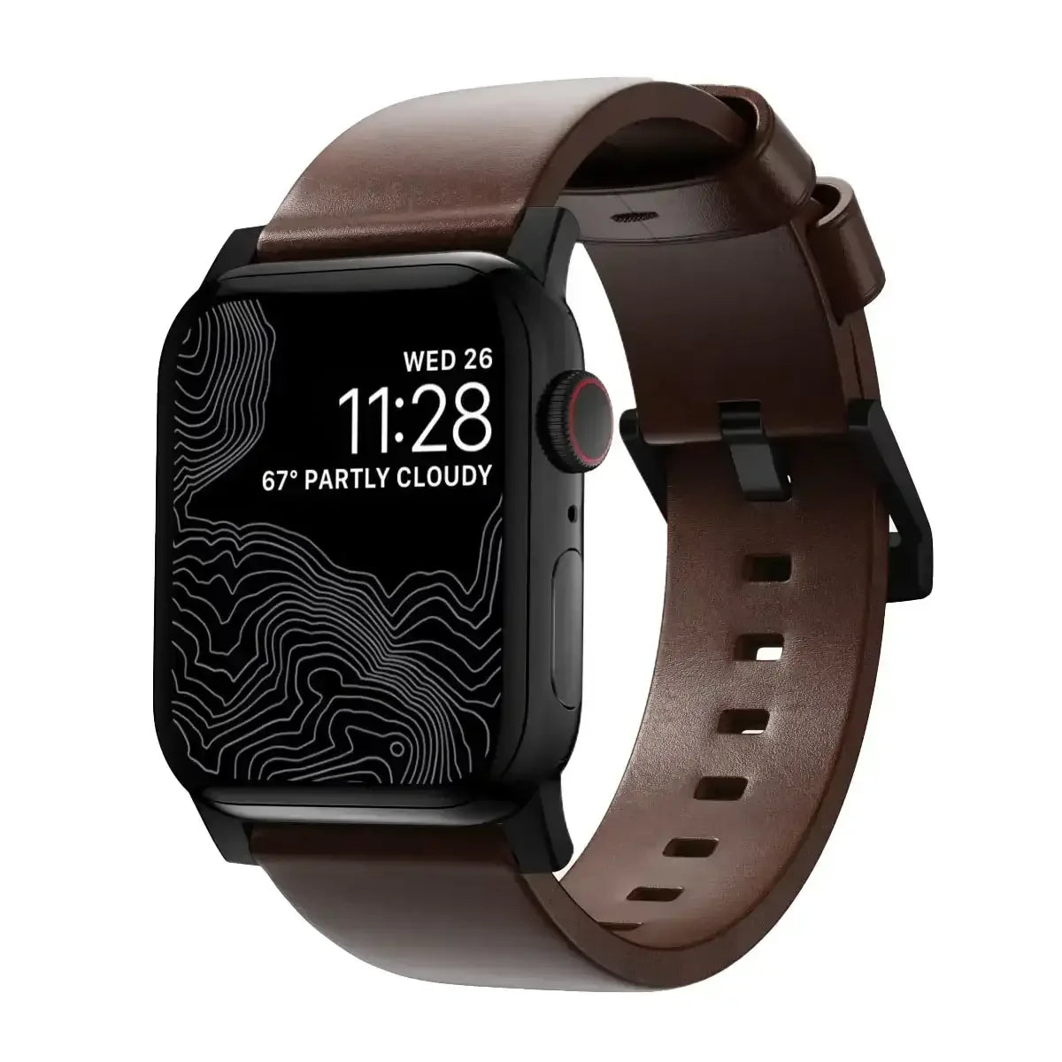 Czarny smartwatch z brązowym skórzanym paskiem, minimalistyczna tarcza