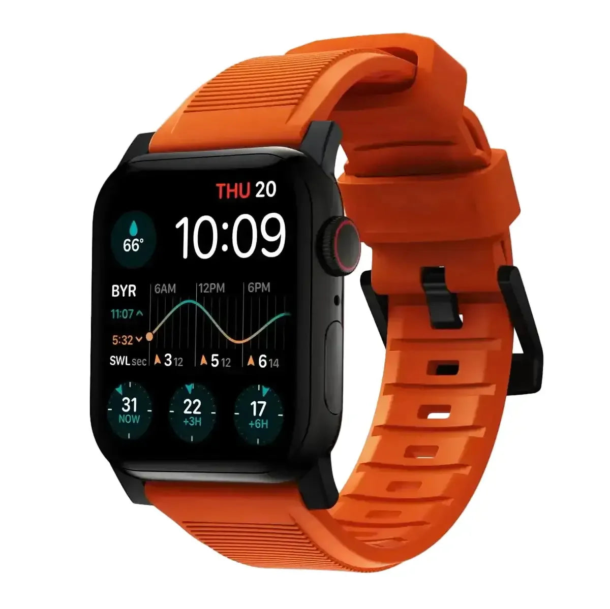 Sportowy smartwatch z pomarańczowym paskiem, wyświetlacz z godziną i statystykami