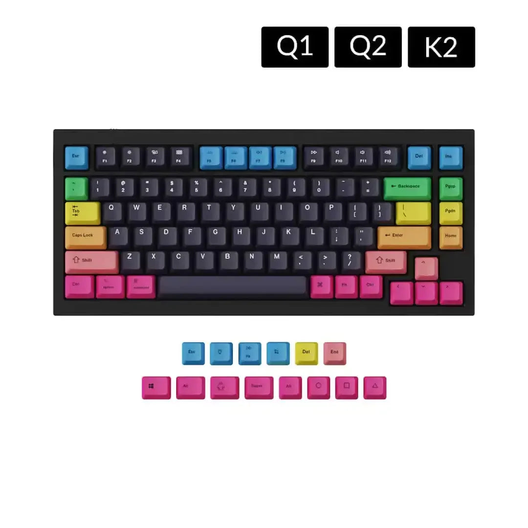 Kolorowe keycapy PBT do klawiatury mechanicznej Q1 Q2 K2, układ rainbow, zestaw klawiszy.