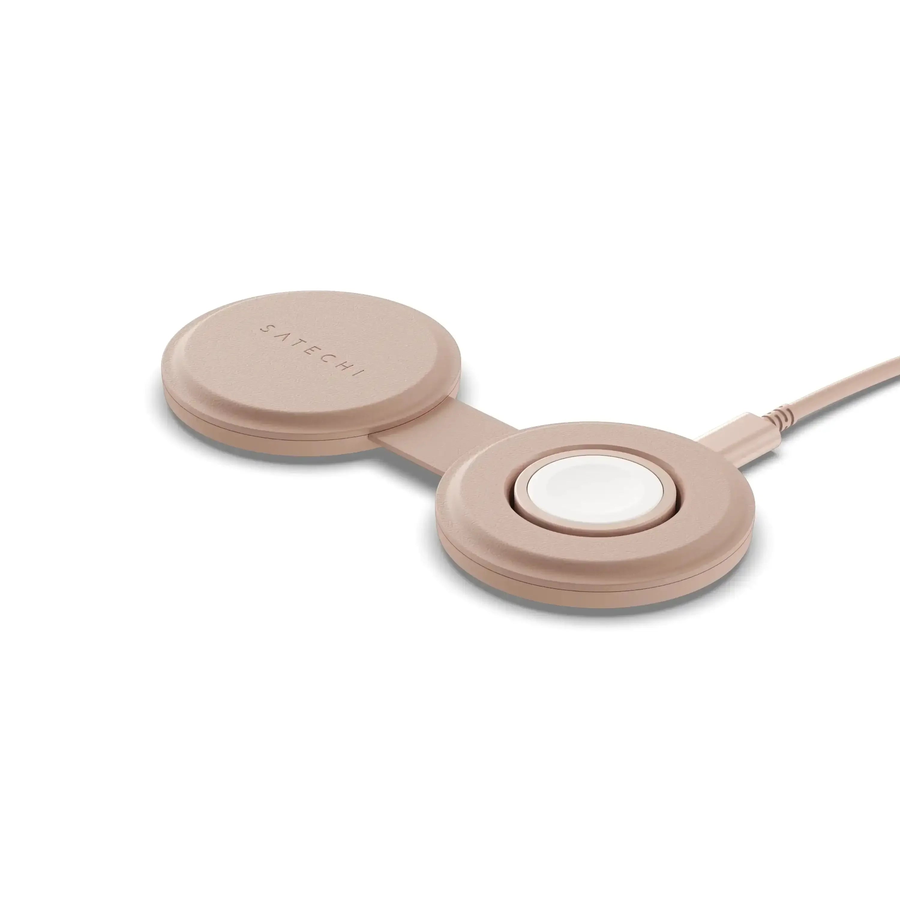 Dwustrefowa ładowarka bezprzewodowa USB-C w kolorze beżowym, minimalistyczny design.