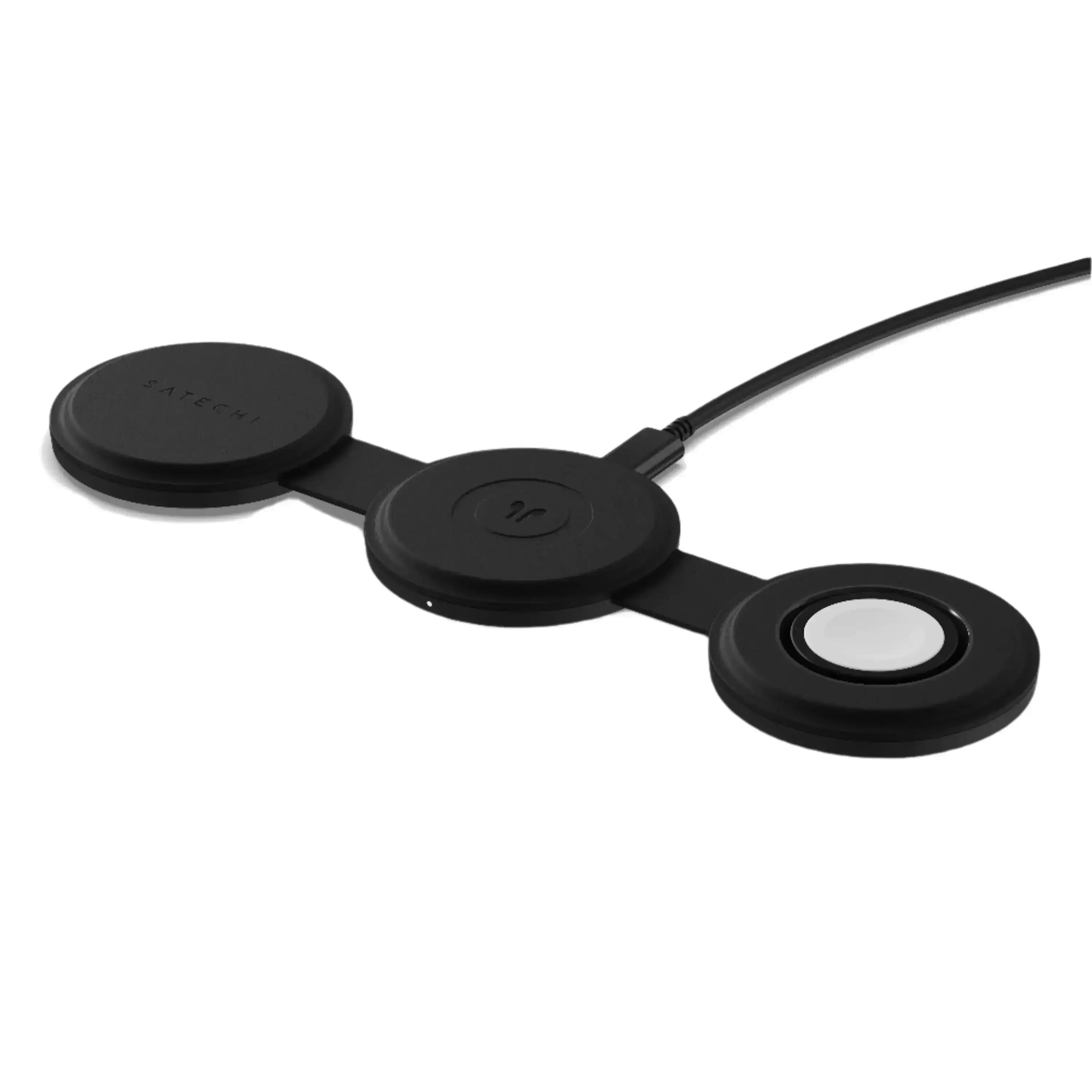Czarna, składana ładowarka bezprzewodowa 3w1 na biurko, minimalistyczny design.