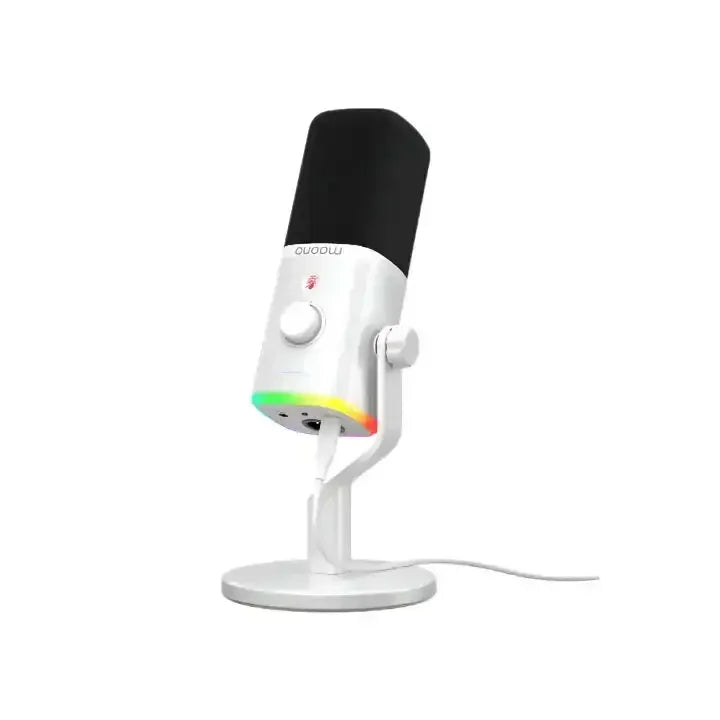 biały mikrofon biurkowy USB z efektem RGB, idealny do pracy w home office i streamingu