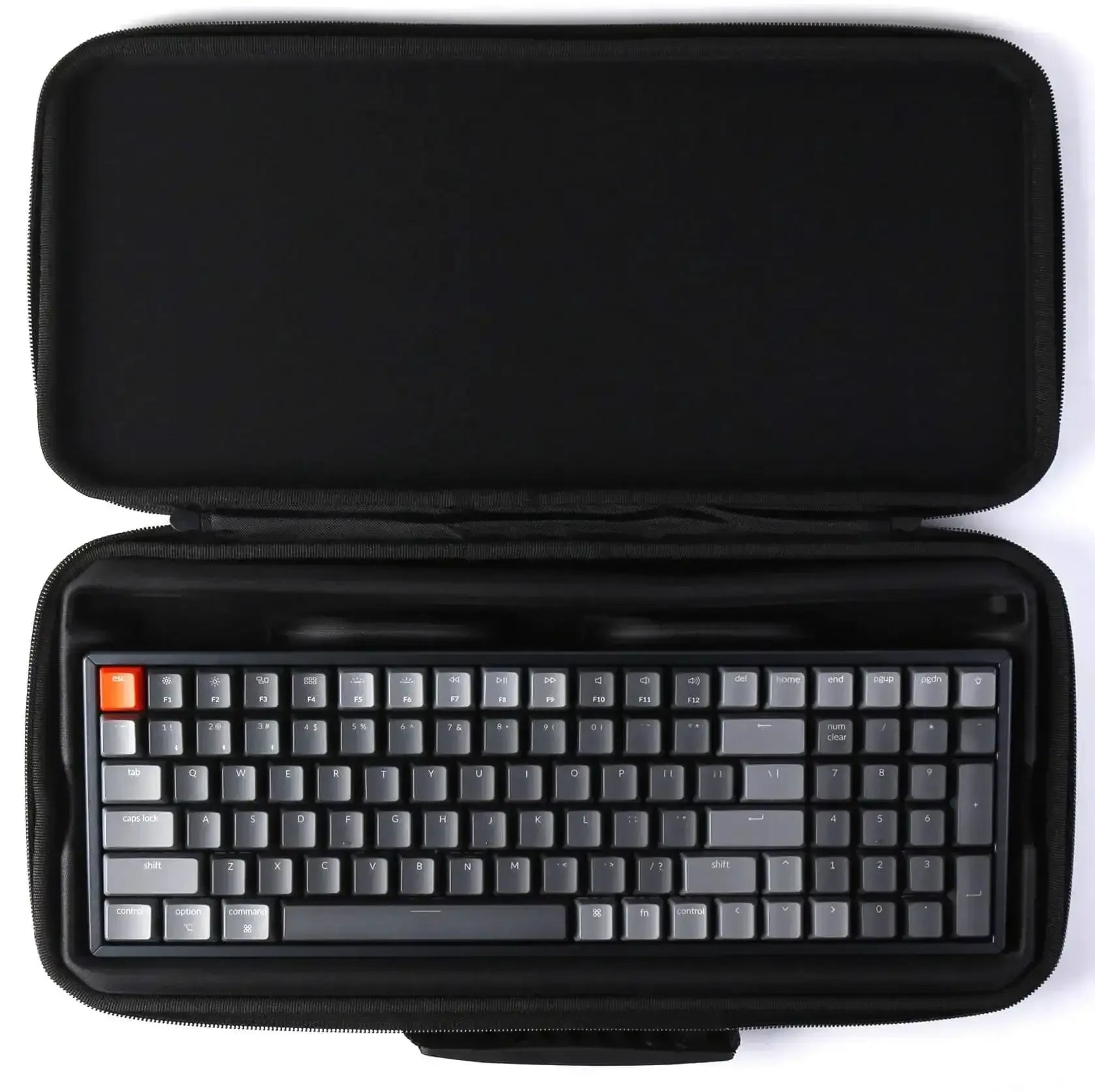 Klawiatura mechaniczna w etui ochronnym, szare keycapy, układ kompaktowy, akcesoria biurowe