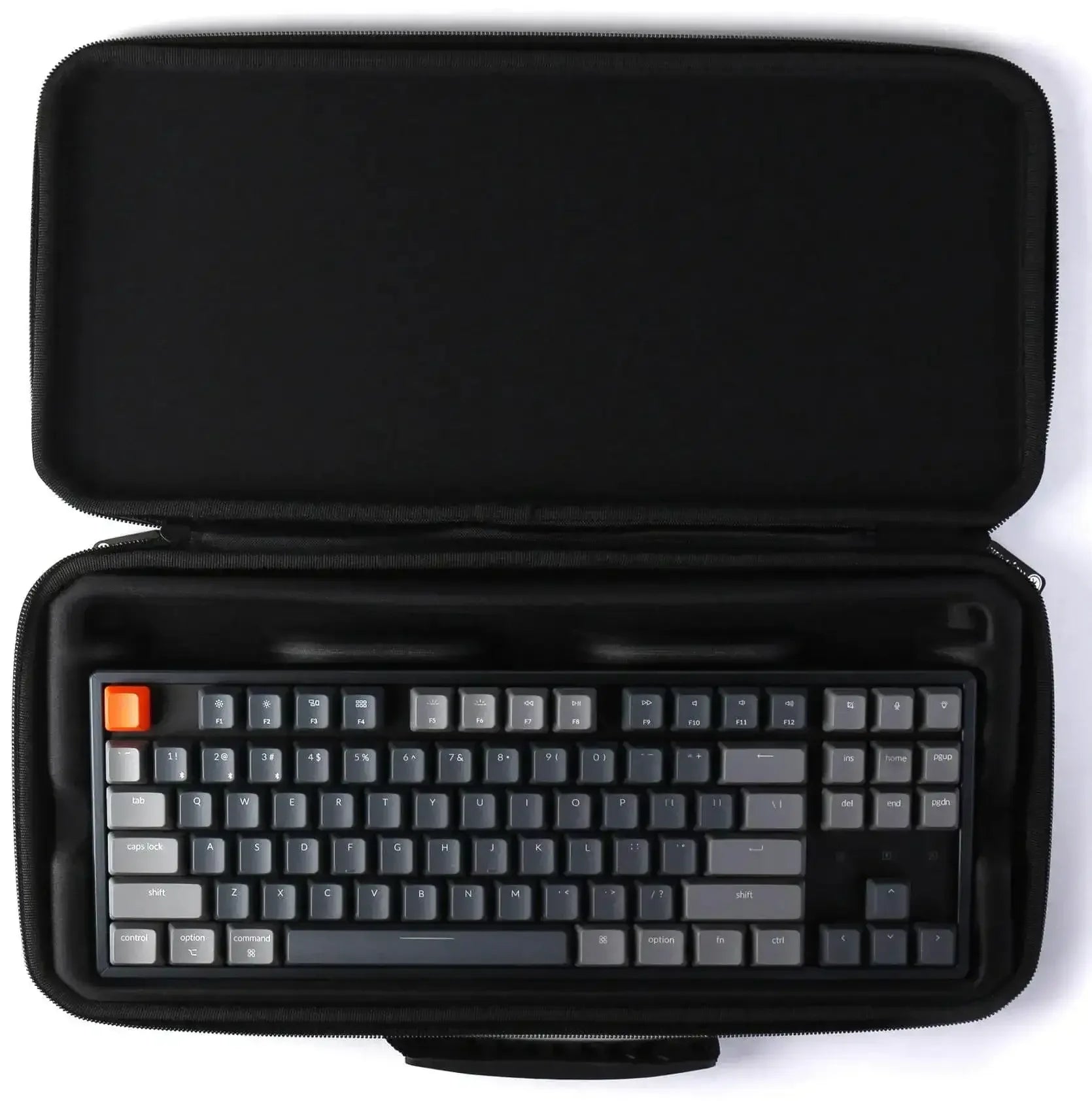 Klawiatura mechaniczna w etui ochronnym, ciemne keycapy, akcesoria biurowe, desk setup
