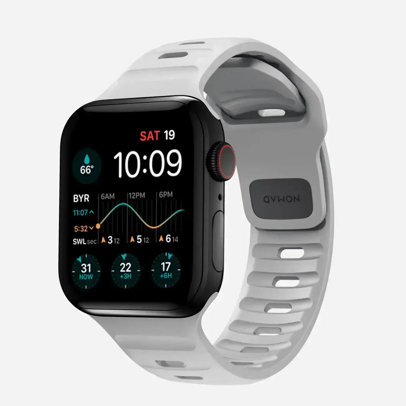 Smartwatch z czarną kopertą i białym paskiem sportowym, ekran z widocznym interfejsem