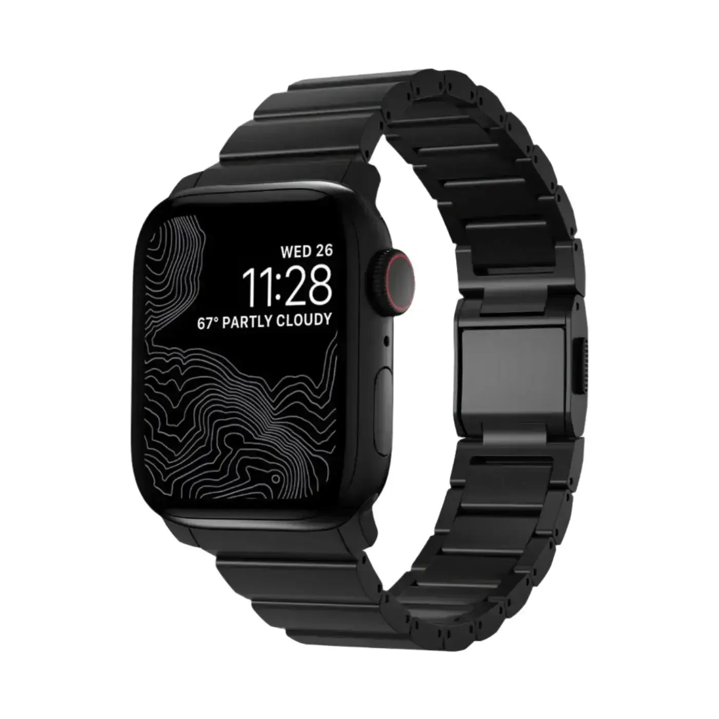 Czarny smartwatch z metalową bransoletą, minimalistyczny ekran, akcesoria biurowe