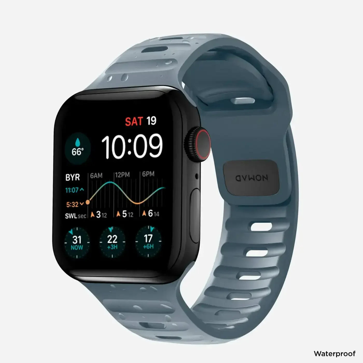 Nowoczesny smartwatch z niebieskim paskiem silikonowym, wyświetlacz z pogodą i danymi fitness