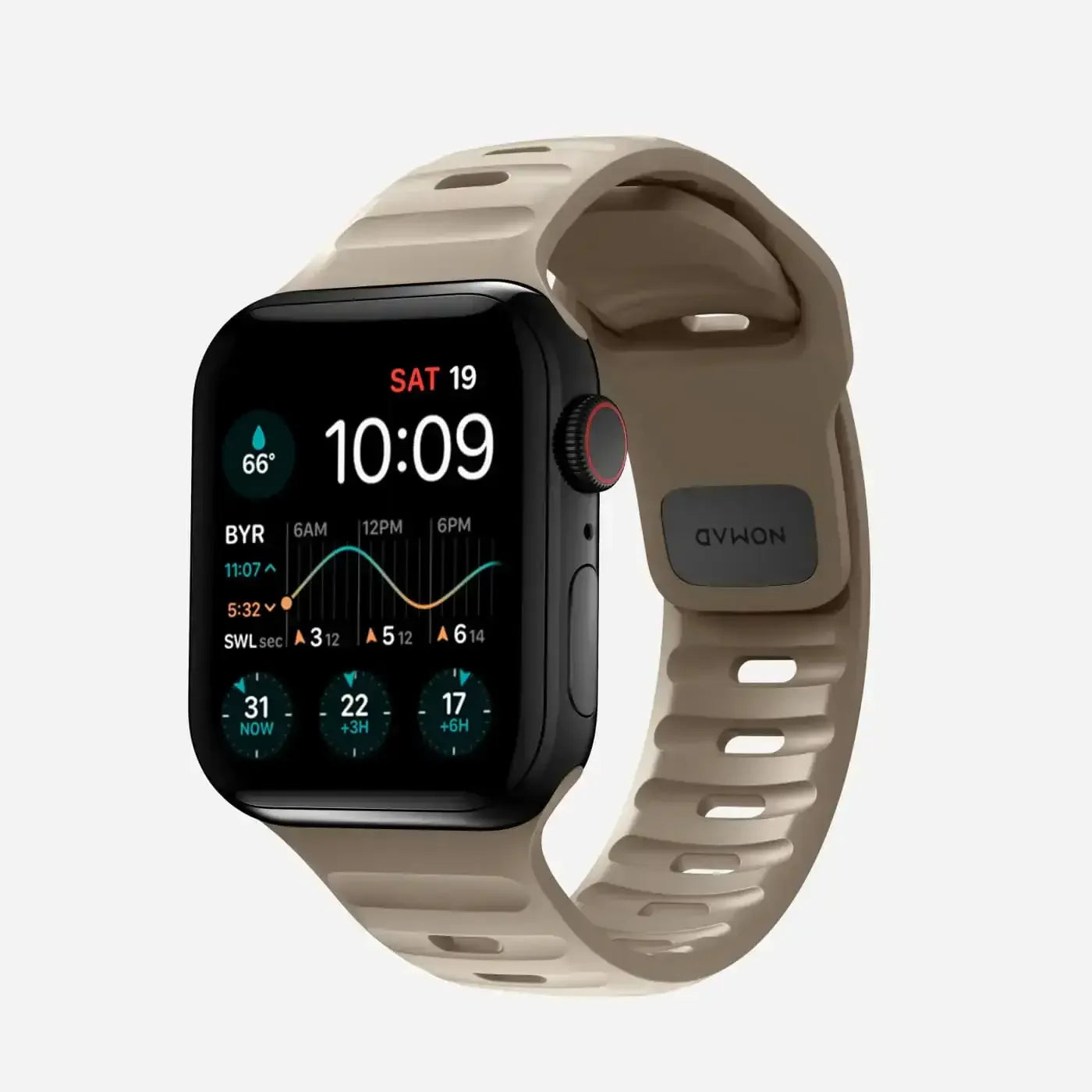 Smartwatch z czarną kopertą i beżowym paskiem, nowoczesny design, wyświetlacz dotykowy