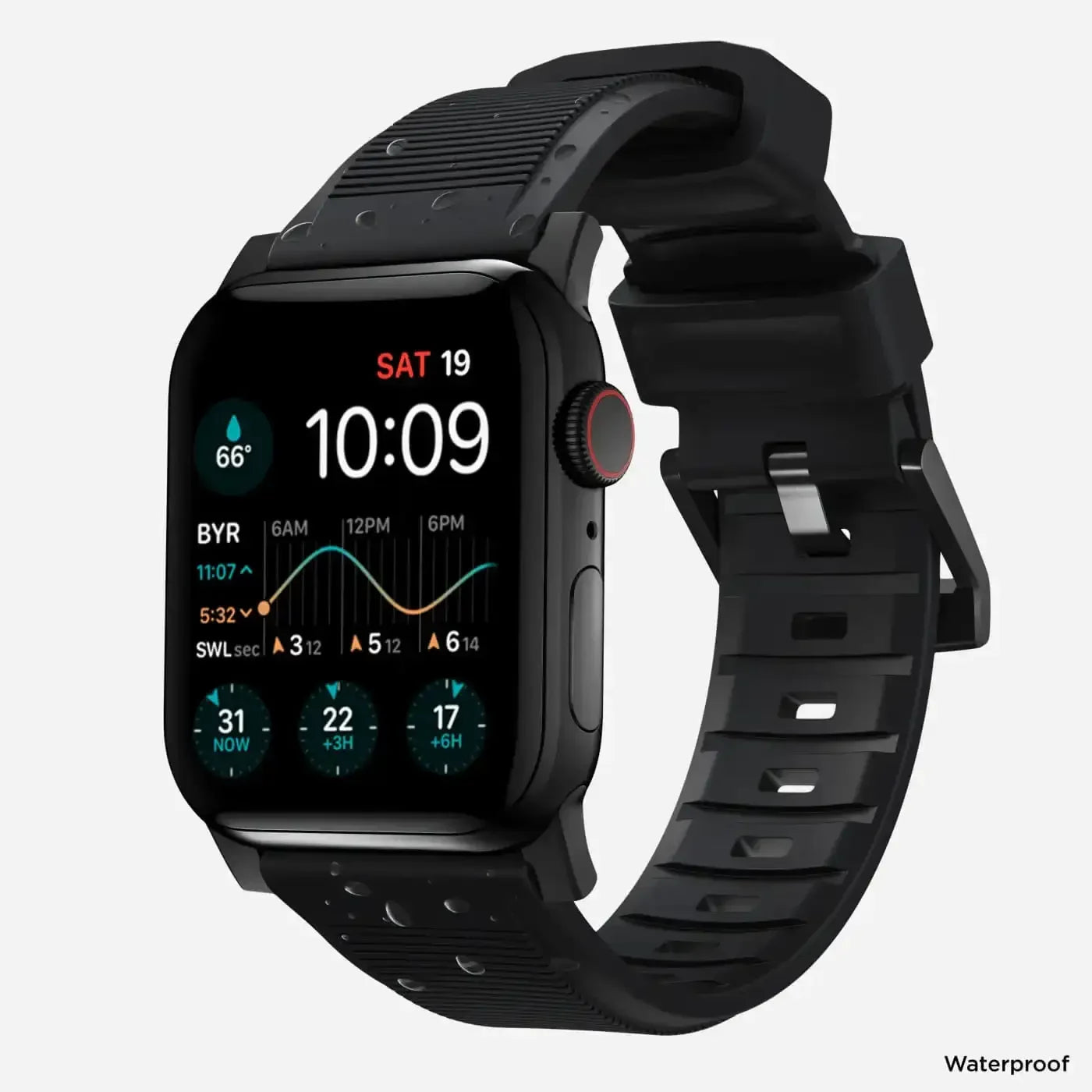Czarny smartwatch z silikonowym paskiem i kolorowym ekranem dotykowym, wodoodporny