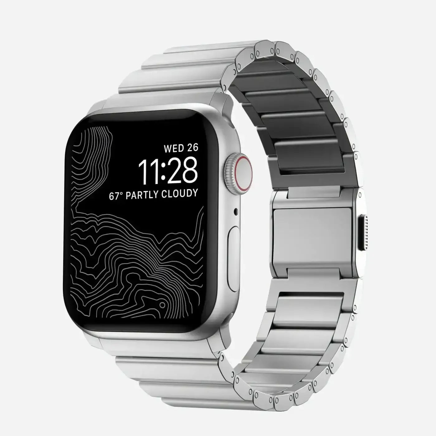 Nowoczesny smartwatch ze srebrną, metalową bransoletą i czarnym ekranem