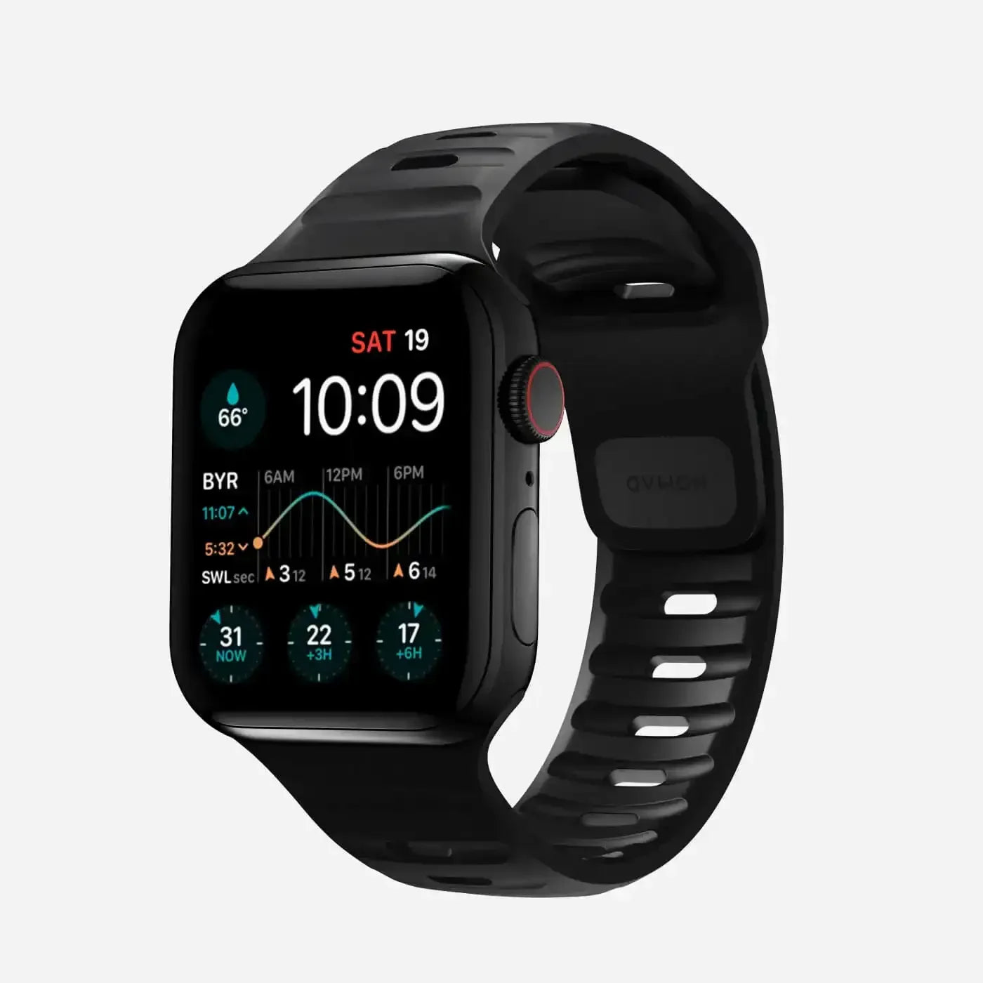 Czarny smartwatch z wyświetlaczem dotykowym i silikonowym paskiem, nowoczesny design