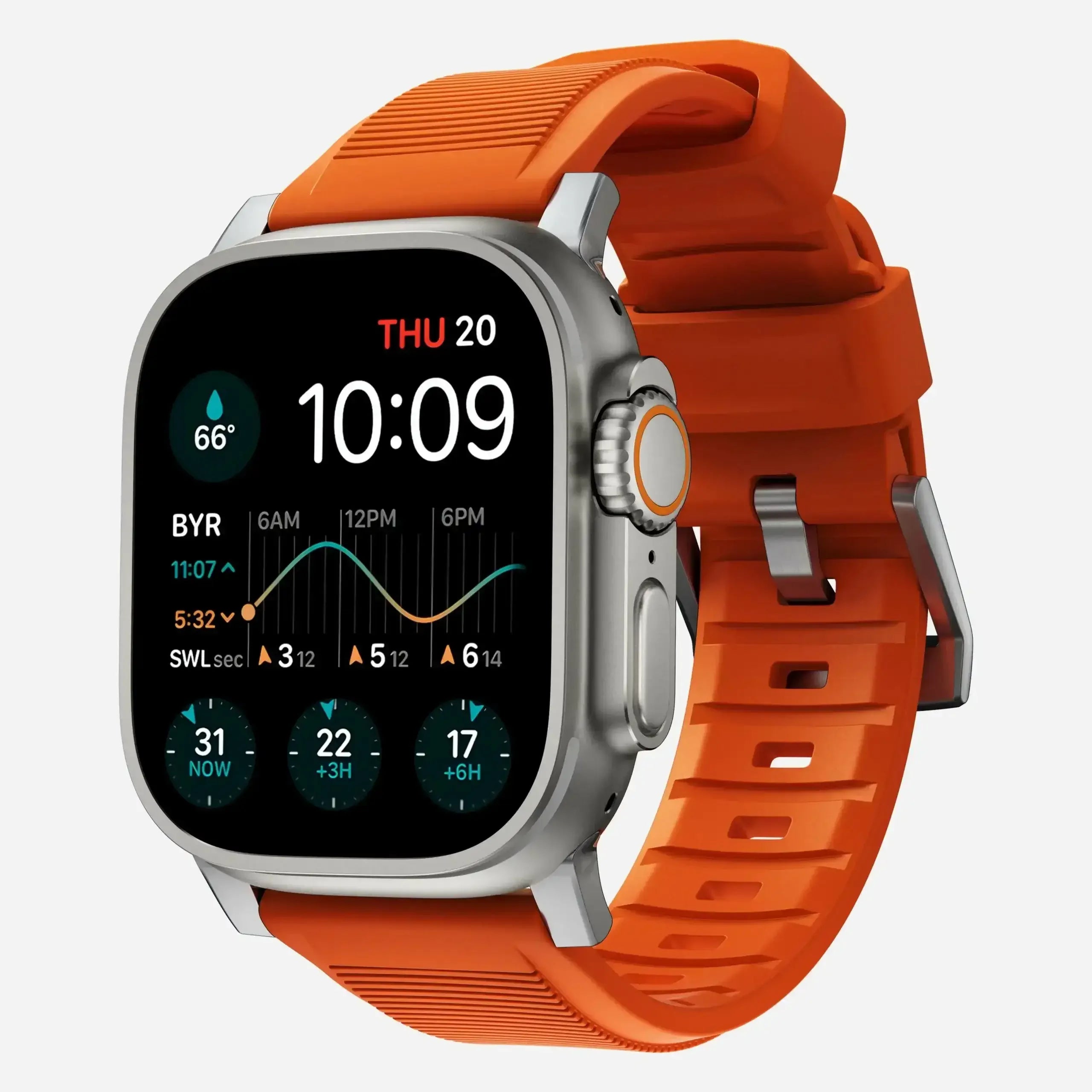 Smartwatch z pomarańczowym paskiem, ekran z pogodą i danymi aktywności