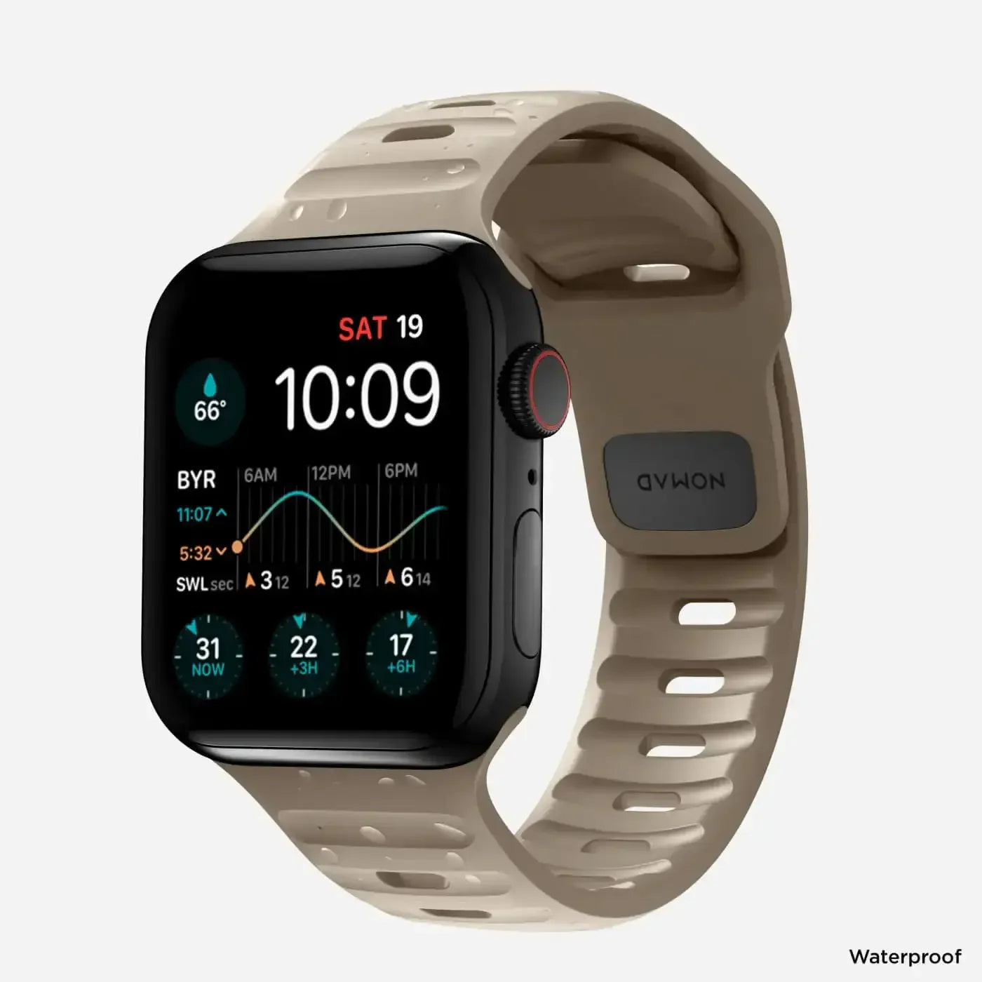 Nowoczesny smartwatch z czarną kopertą i beżowym paskiem, wyświetlacz z pogodą i datą