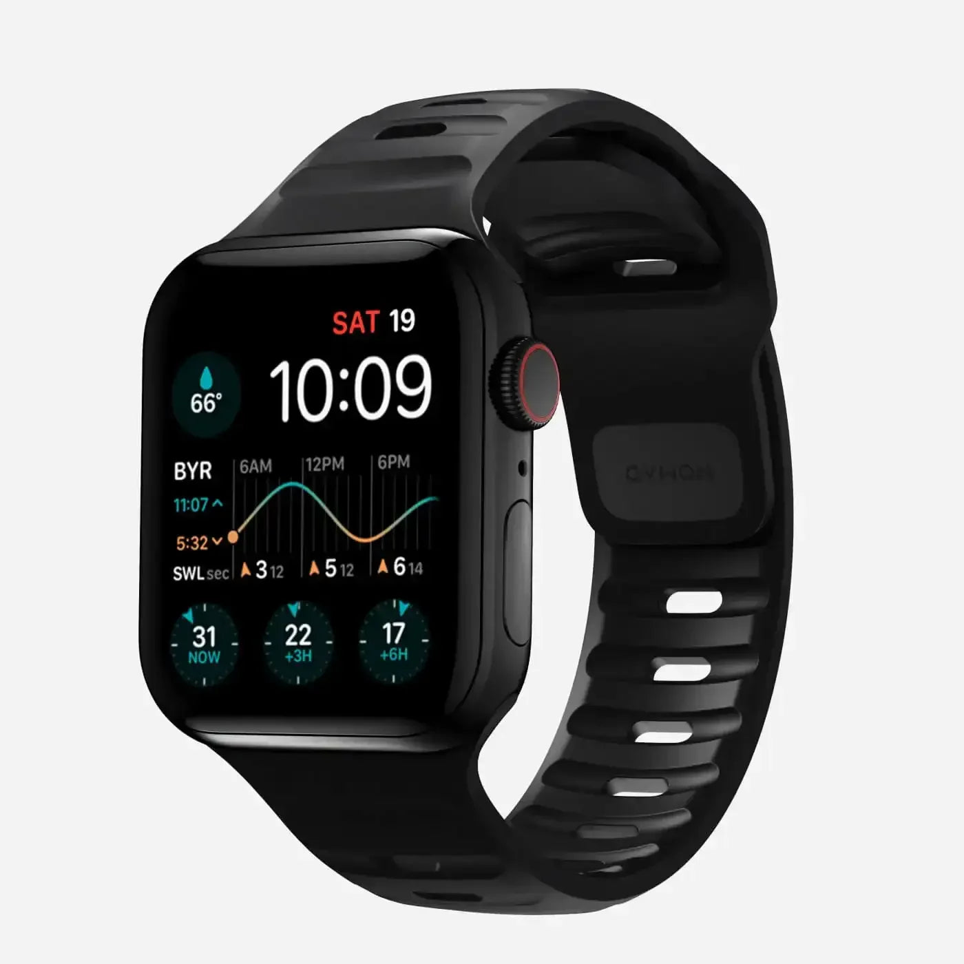 Czarny smartwatch z silikonowym paskiem i kolorowym ekranem, minimalistyczny design