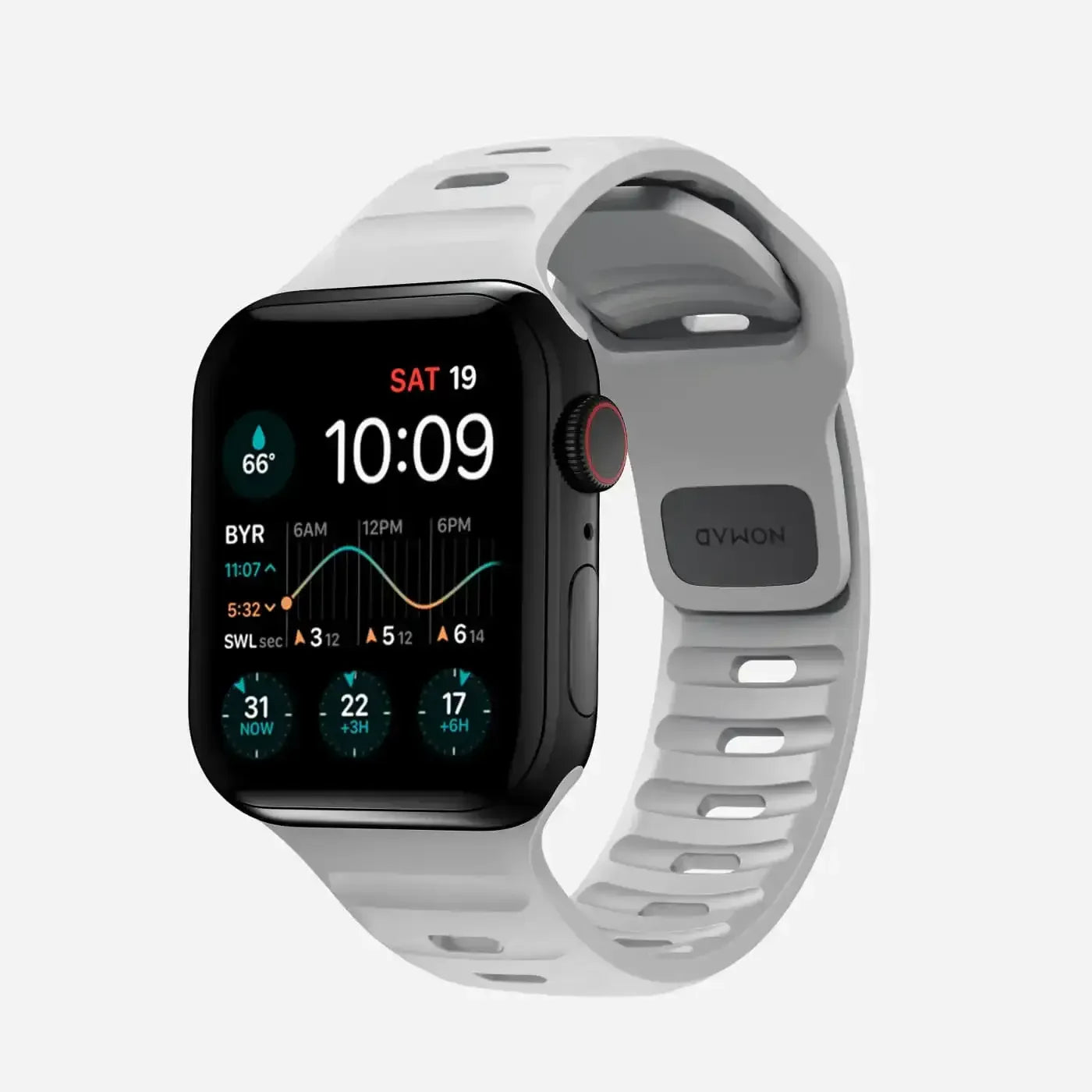 Nowoczesny smartwatch z czarnym ekranem dotykowym i białym sportowym paskiem