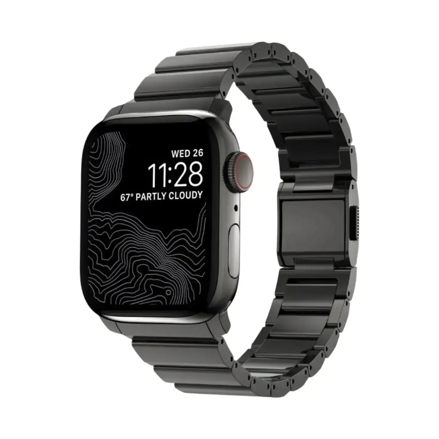 Czarny smartwatch z metalową bransoletą i minimalistyczną tarczą, akcesorium biurowe
