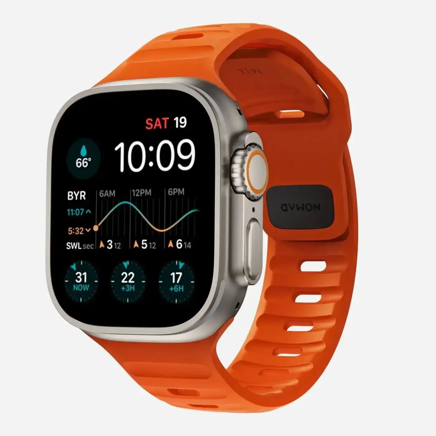 Nowoczesny smartwatch z pomarańczowym paskiem i wyświetlaczem dotykowym