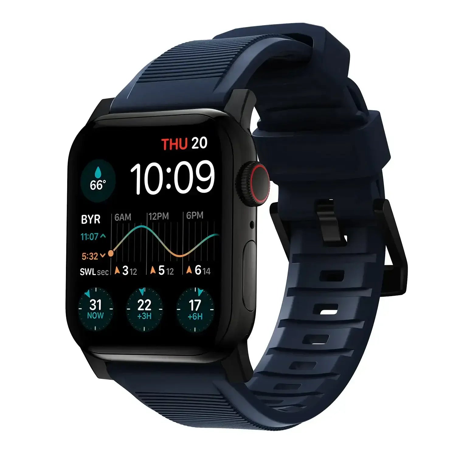 Czarny smartwatch z granatowym paskiem, kolorowy wyświetlacz, nowoczesny design