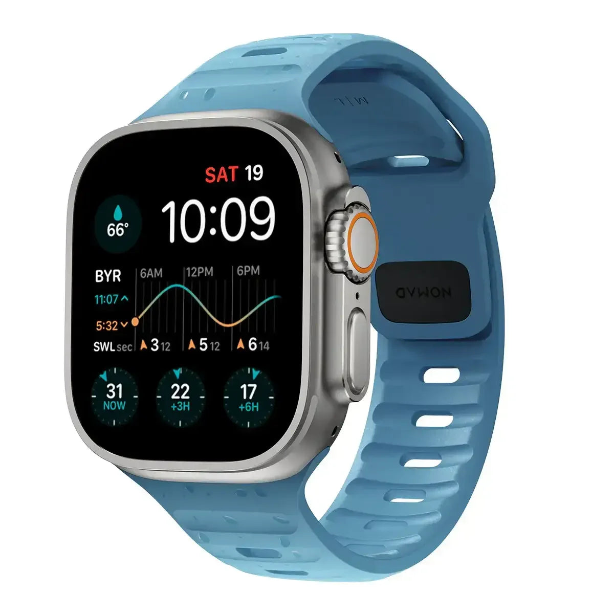 Nowoczesny smartwatch z niebieskim paskiem i wyświetlaczem dotykowym, akcesorium biurowe