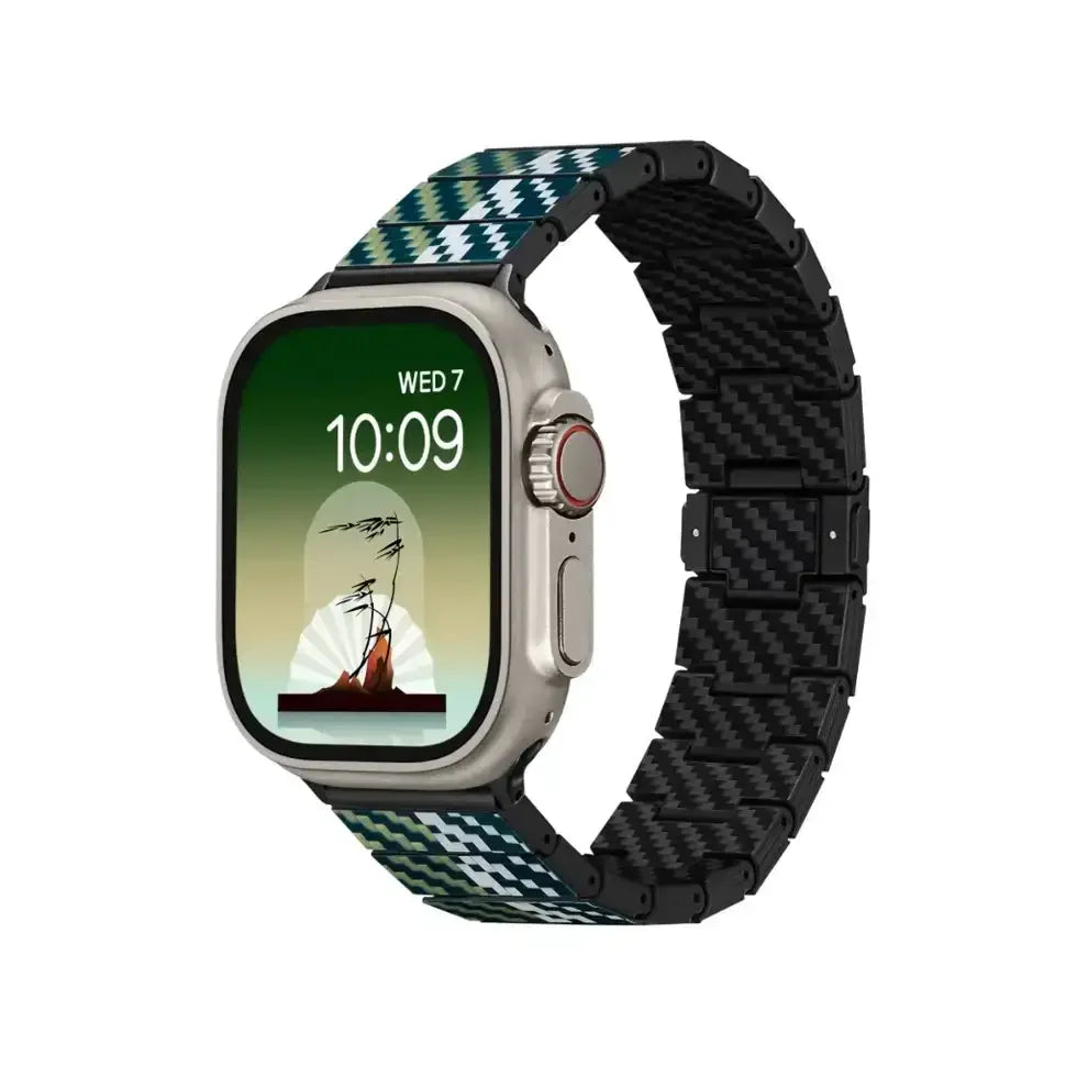 Nowoczesny smartwatch z czarno-niebieską opaską z włókna węglowego, minimalistyczna tarcza