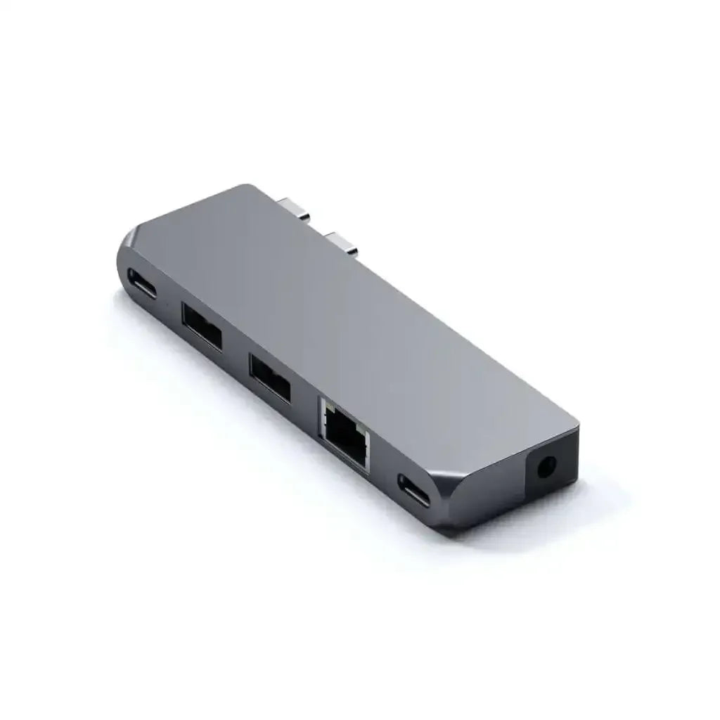 Szary adapter USB typu C z portami Ethernet, USB i audio do biurka i laptopa